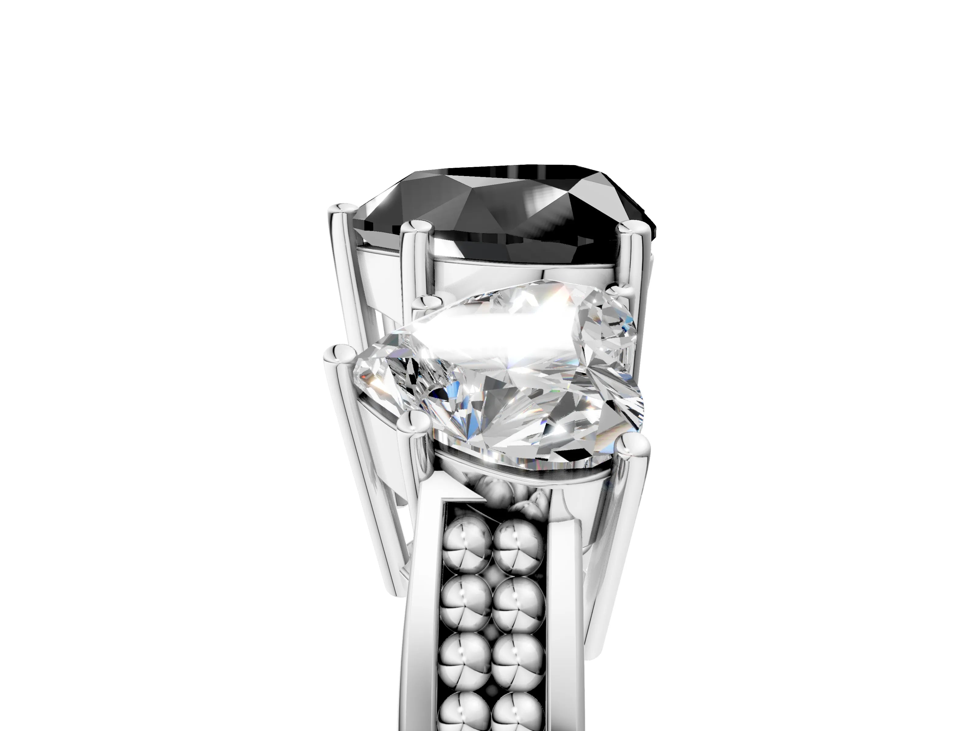 White gold Fancy Black Heart Cut Diamond Three-Stone Ring with Prong Setting and Textured Band_17