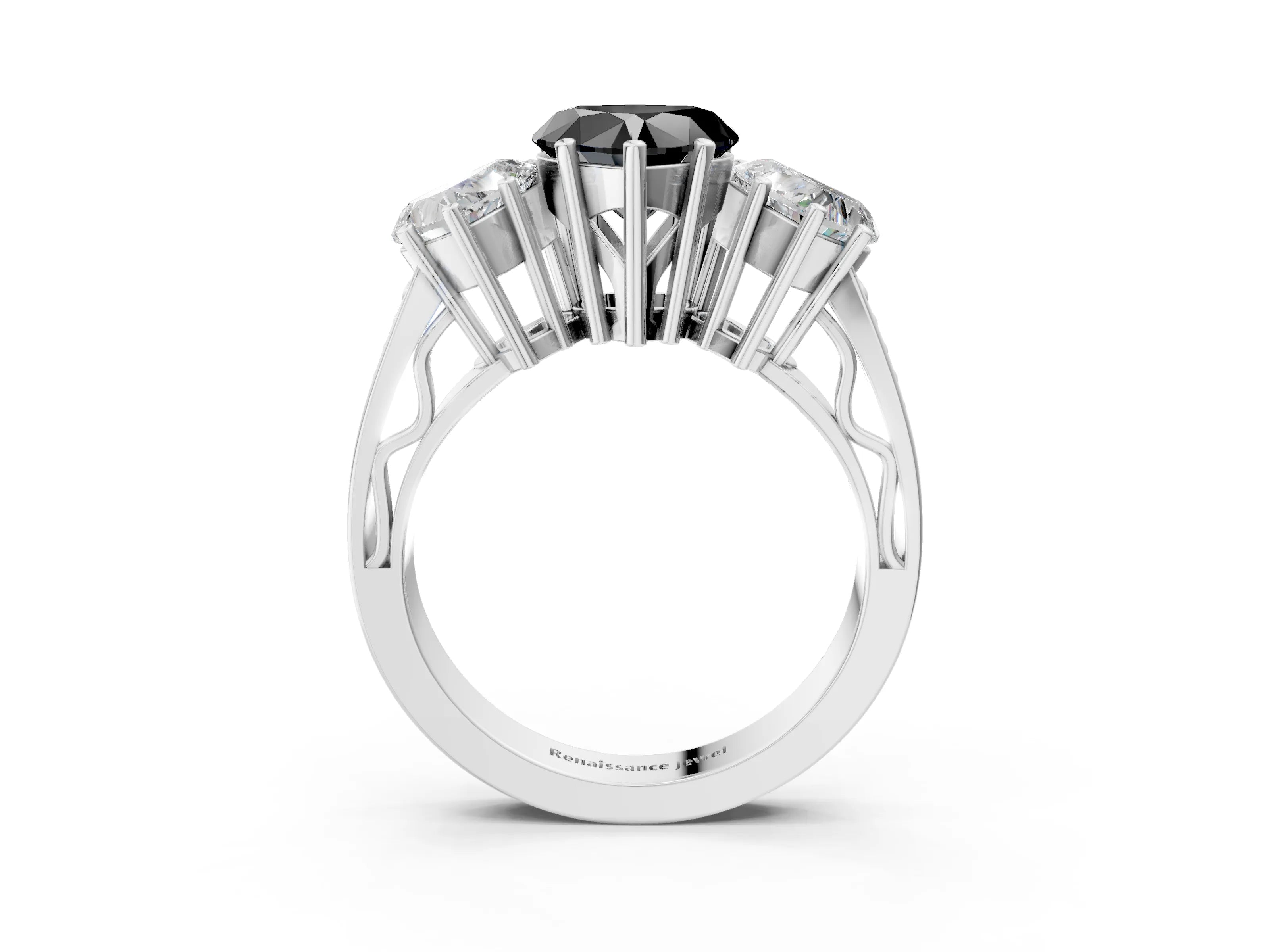 White gold Fancy Black Heart Cut Diamond Three-Stone Ring with Prong Setting and Textured Band_3