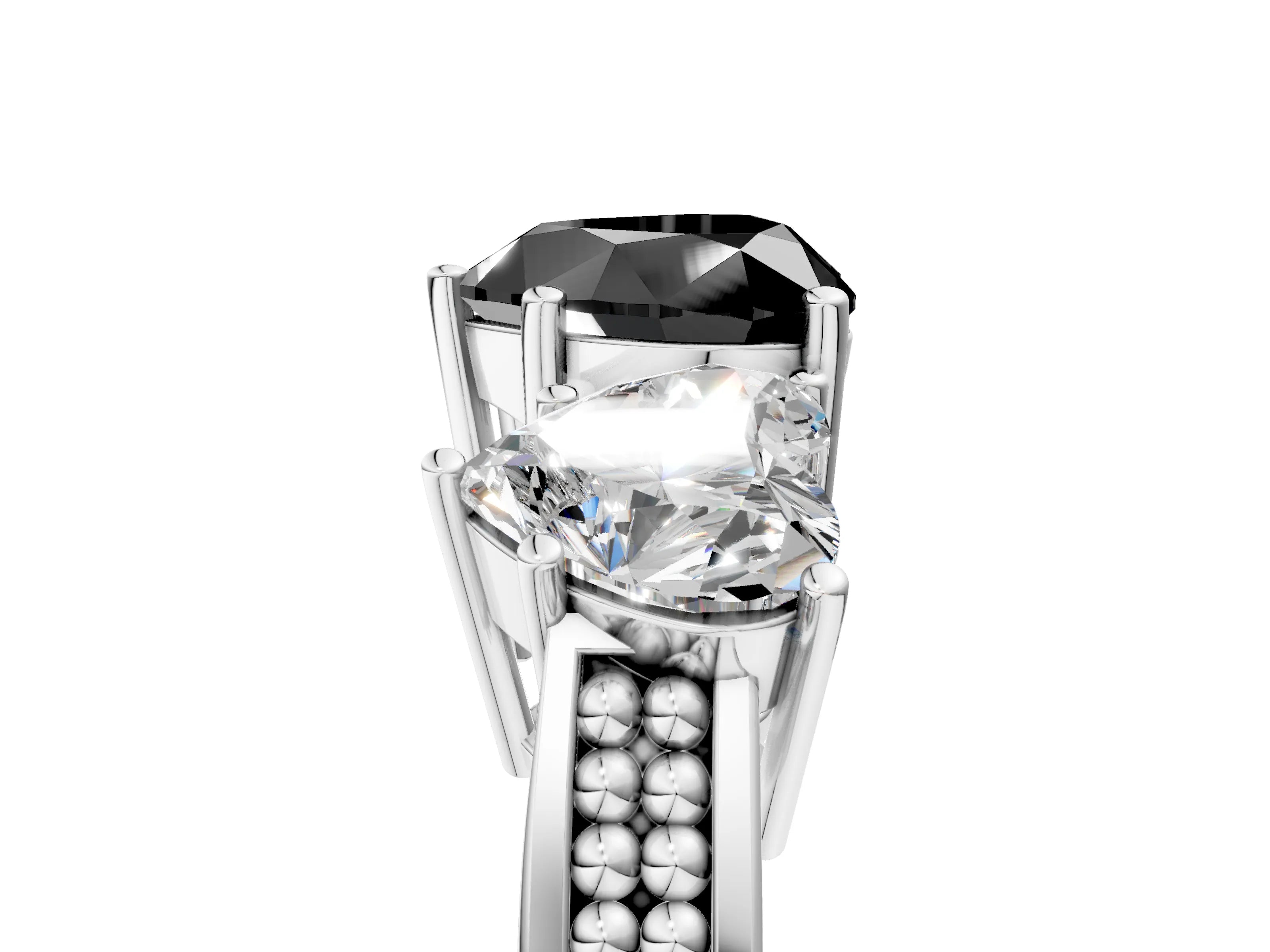 White gold Fancy Black Heart Cut Diamond Three-Stone Ring with Prong Setting and Textured Band_5