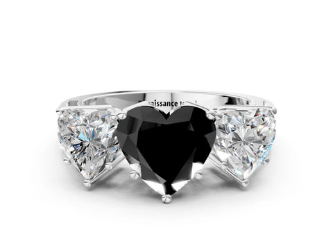 White gold Fancy Black Heart Cut Diamond Three-Stone Ring with Prong Setting and Textured Band