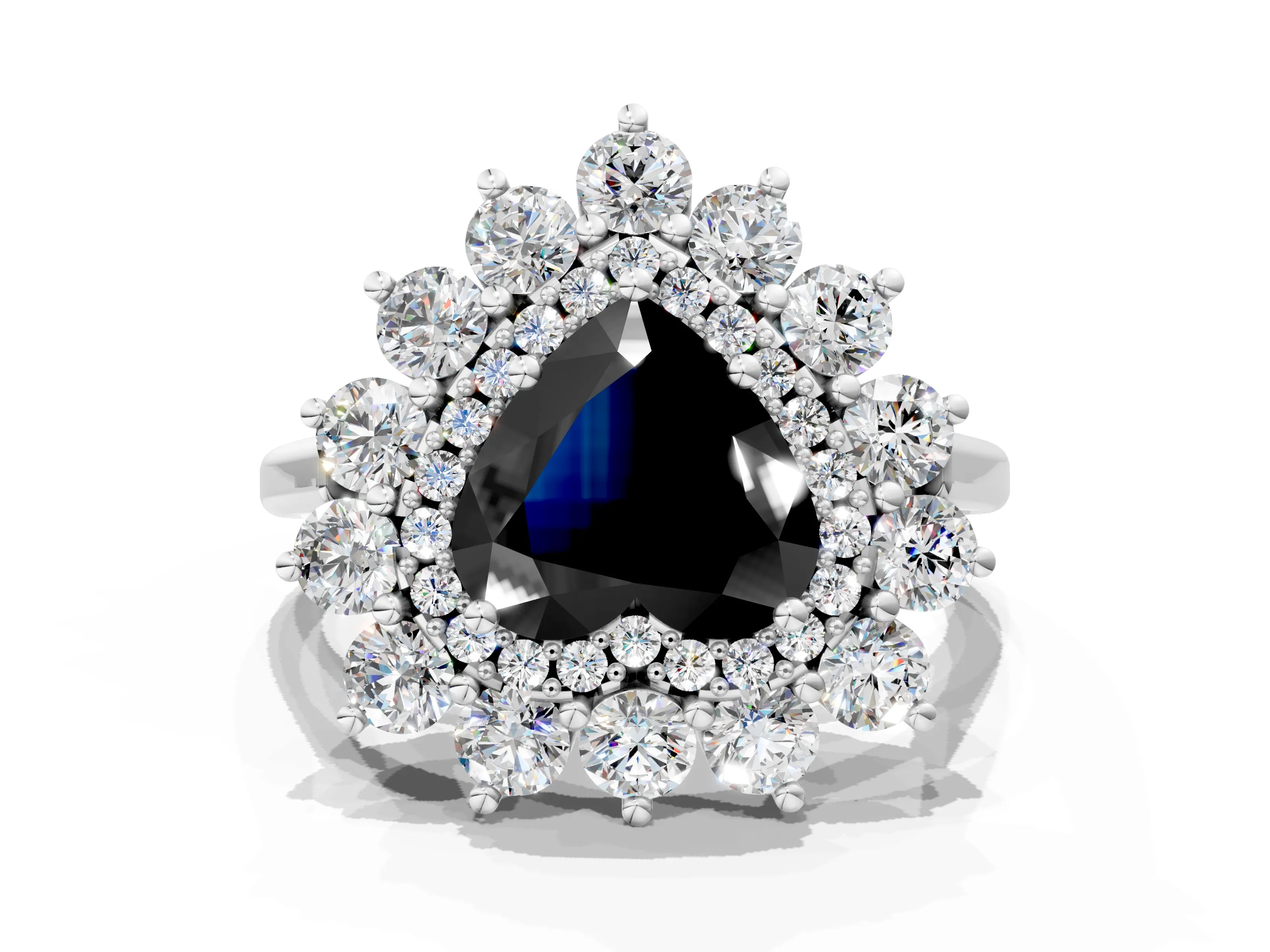 White gold Fancy Black Heart Cut Halo Cluster Diamond Ring with Pave Band and Four-Prong Setting