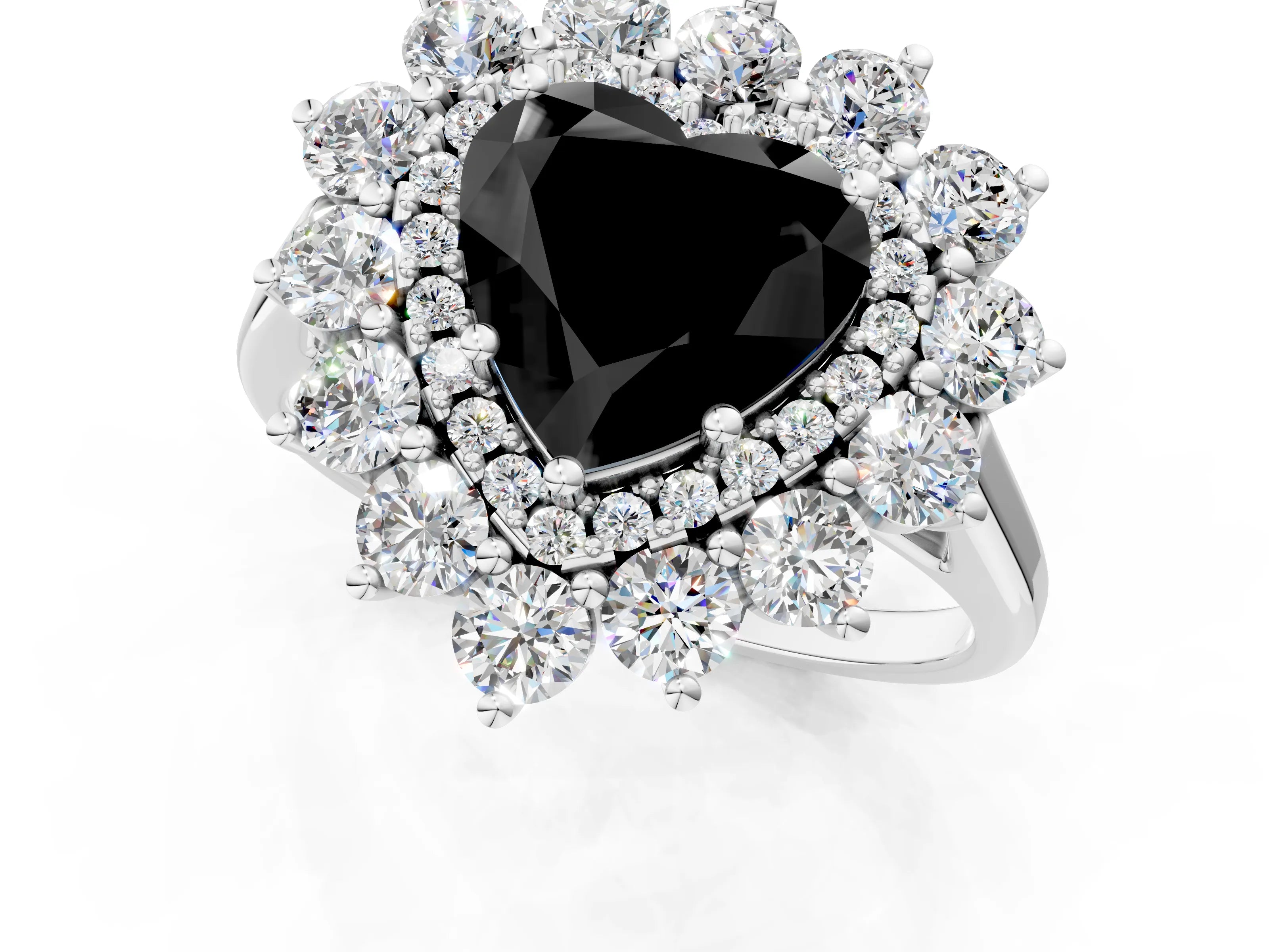 White gold Fancy Black Heart Cut Halo Cluster Diamond Ring with Pave Band and Four-Prong Setting_13