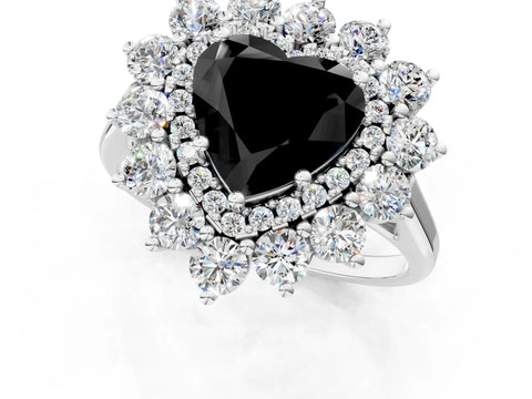 White gold Fancy Black Heart Cut Halo Cluster Diamond Ring with Pave Band and Four-Prong Setting_13