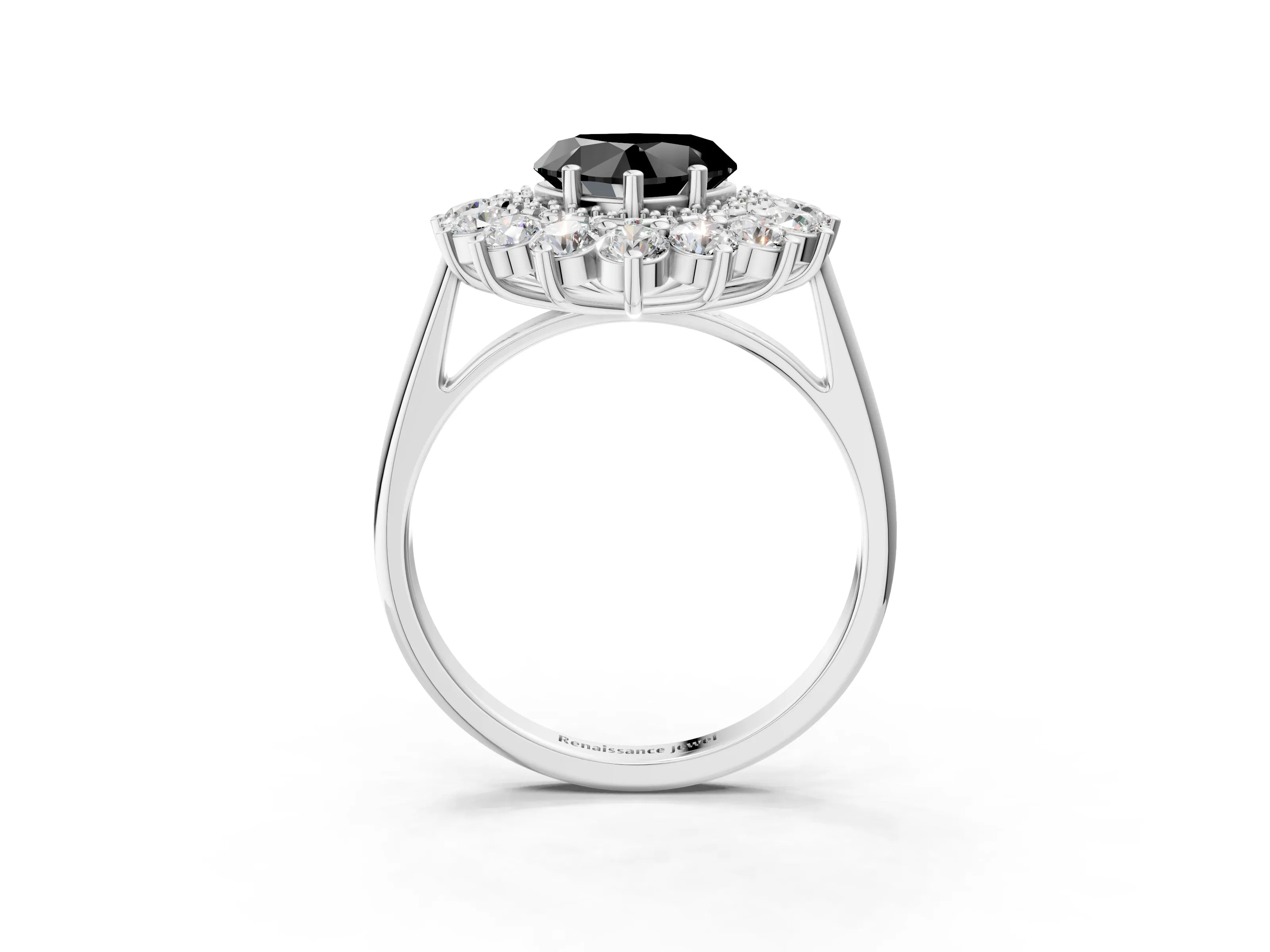 White gold Fancy Black Heart Cut Halo Cluster Diamond Ring with Pave Band and Four-Prong Setting_15