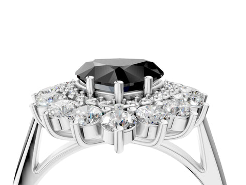 White gold Fancy Black Heart Cut Halo Cluster Diamond Ring with Pave Band and Four-Prong Setting_17