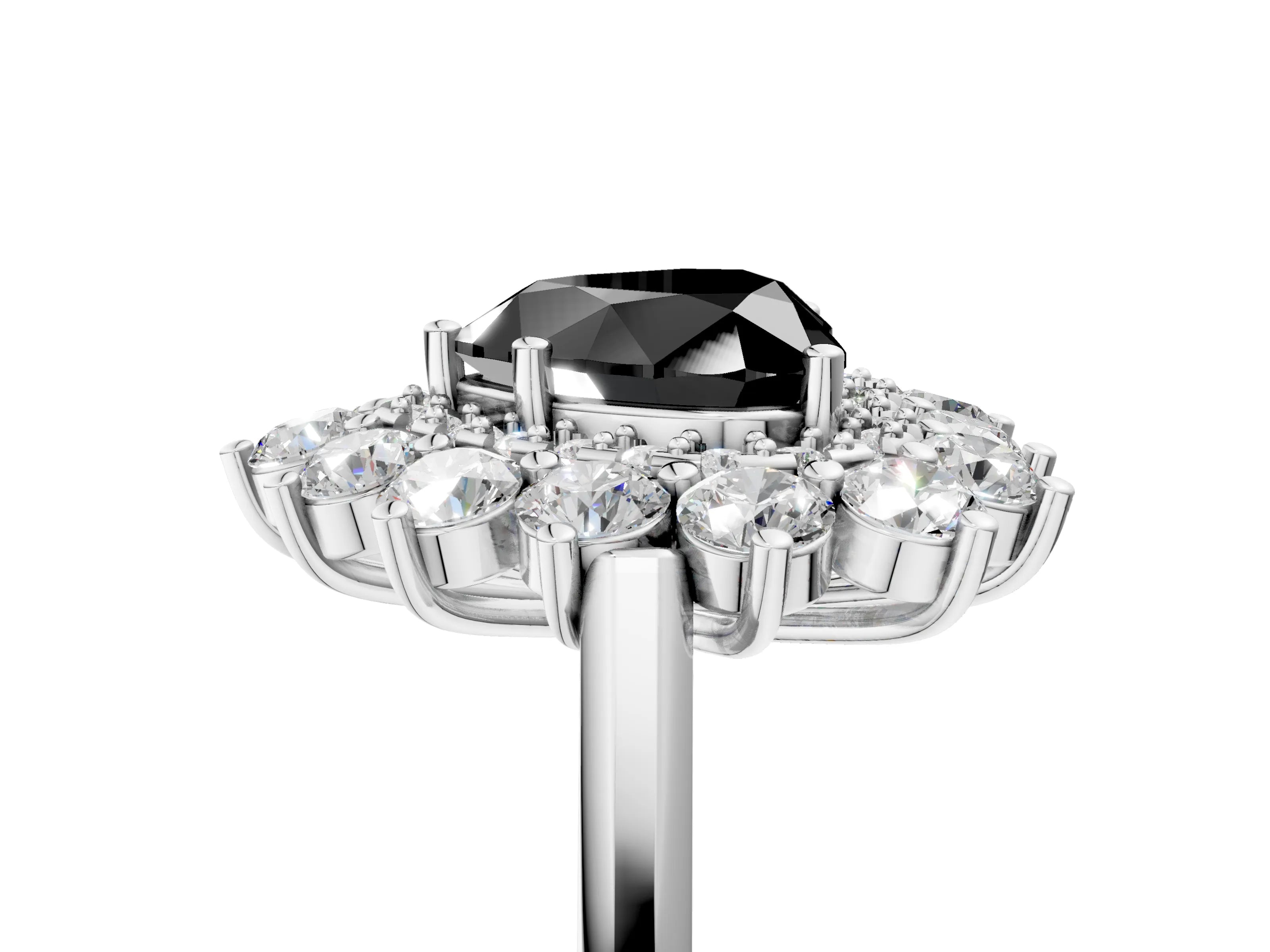 White gold Fancy Black Heart Cut Halo Cluster Diamond Ring with Pave Band and Four-Prong Setting_18