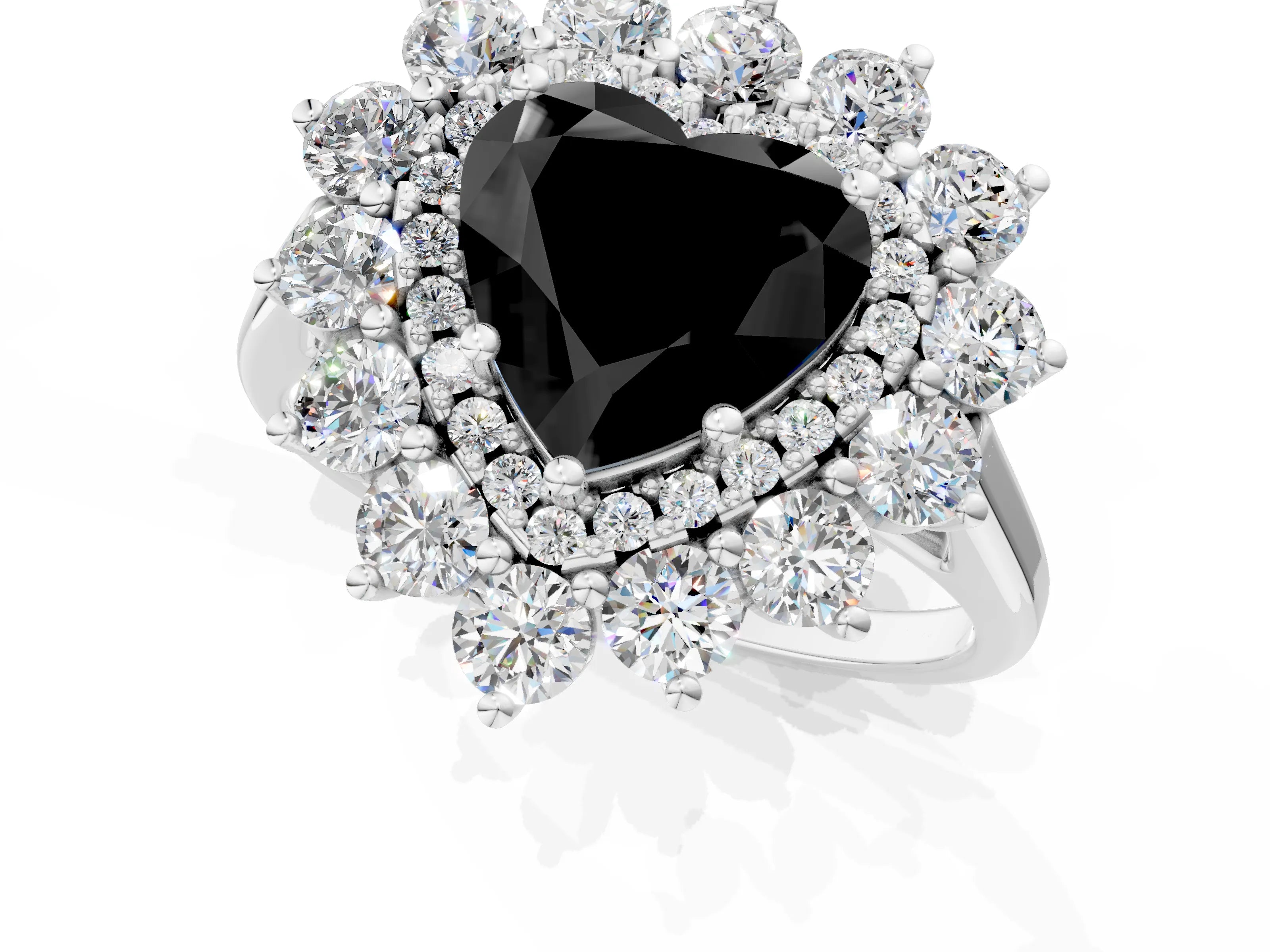 White gold Fancy Black Heart Cut Halo Cluster Diamond Ring with Pave Band and Four-Prong Setting_1
