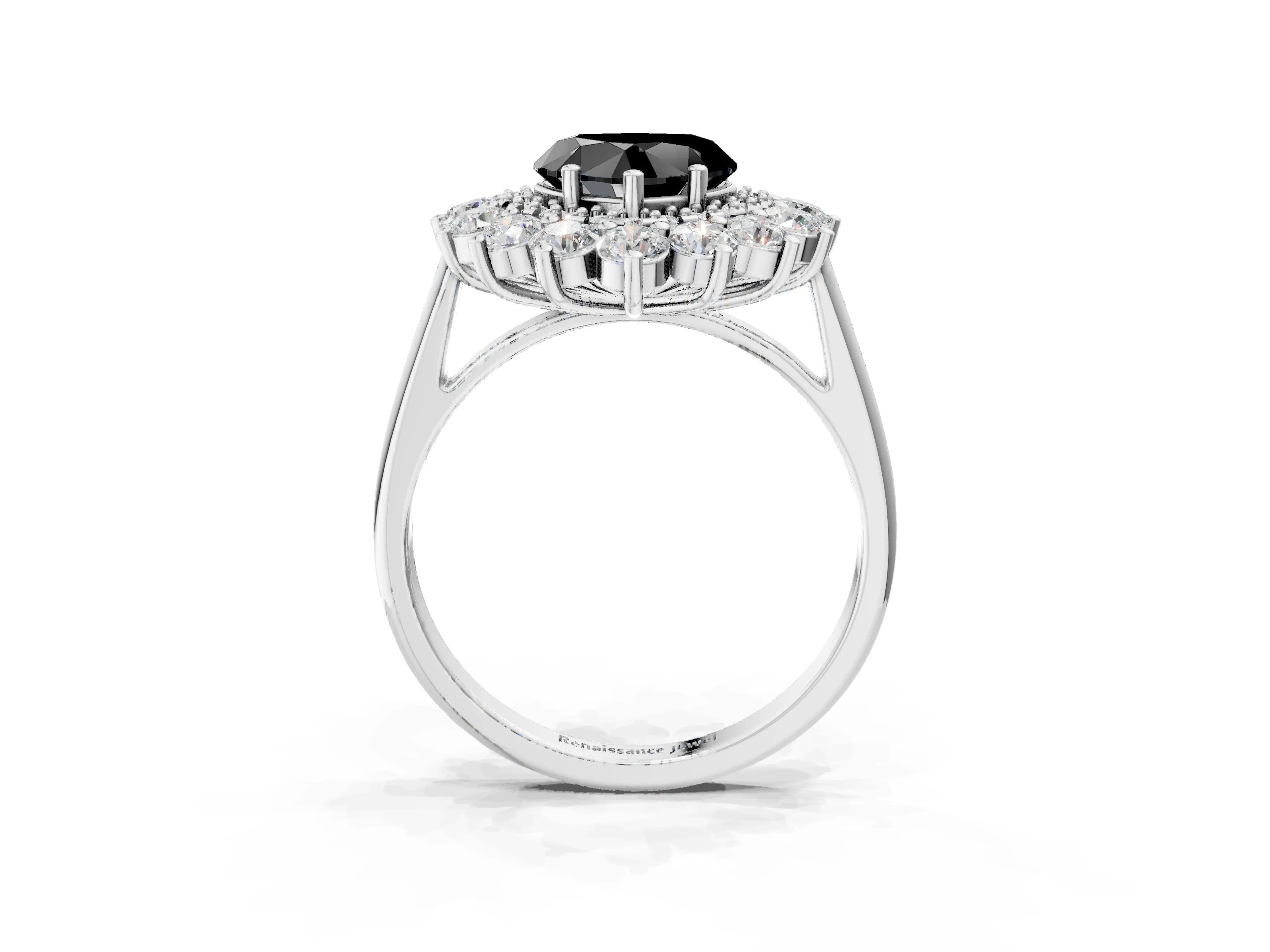 White gold Fancy Black Heart Cut Halo Cluster Diamond Ring with Pave Band and Four-Prong Setting_3