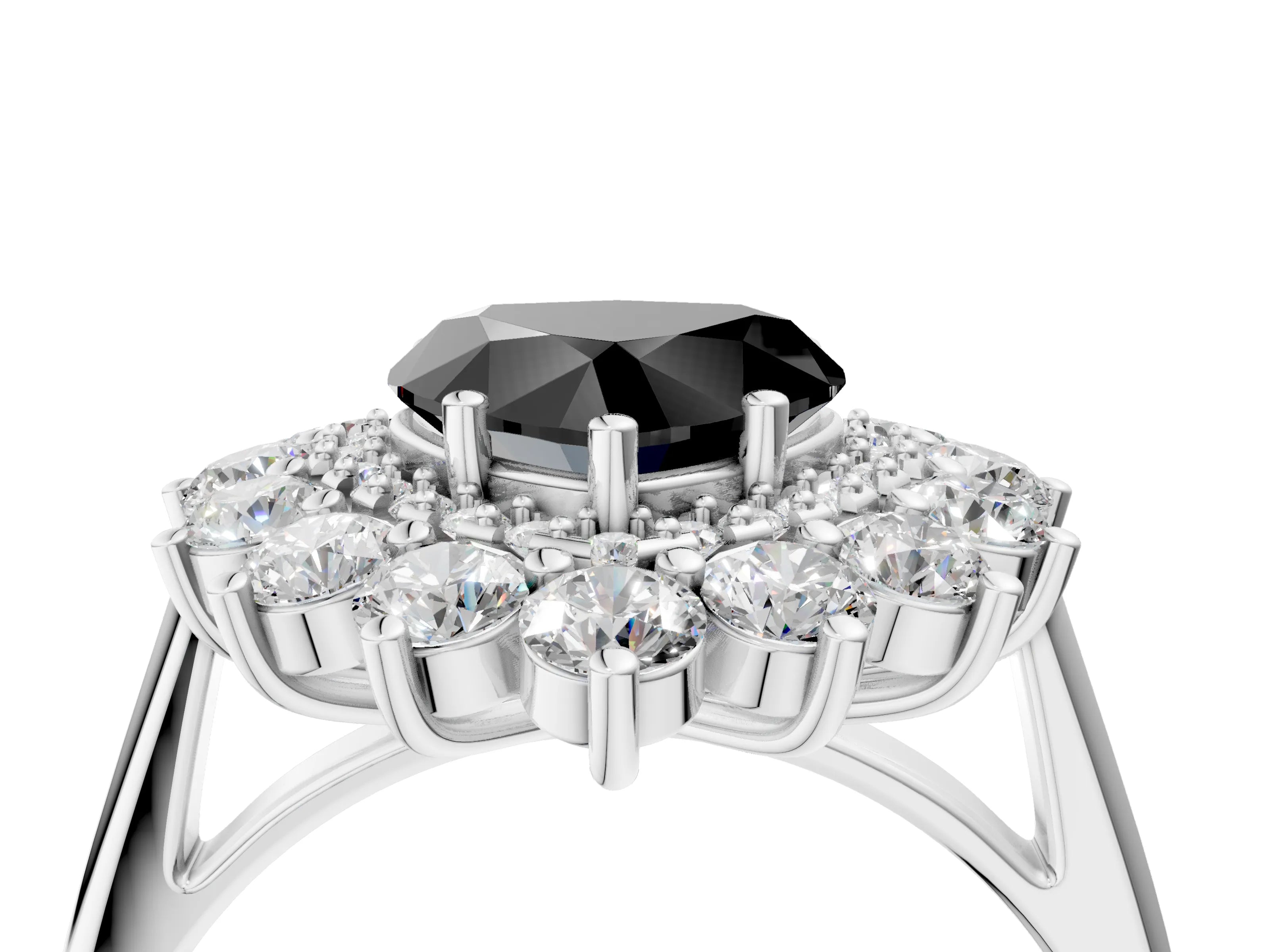White gold Fancy Black Heart Cut Halo Cluster Diamond Ring with Pave Band and Four-Prong Setting_4