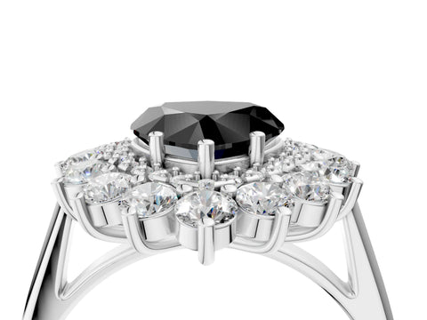 White gold Fancy Black Heart Cut Halo Cluster Diamond Ring with Pave Band and Four-Prong Setting_4