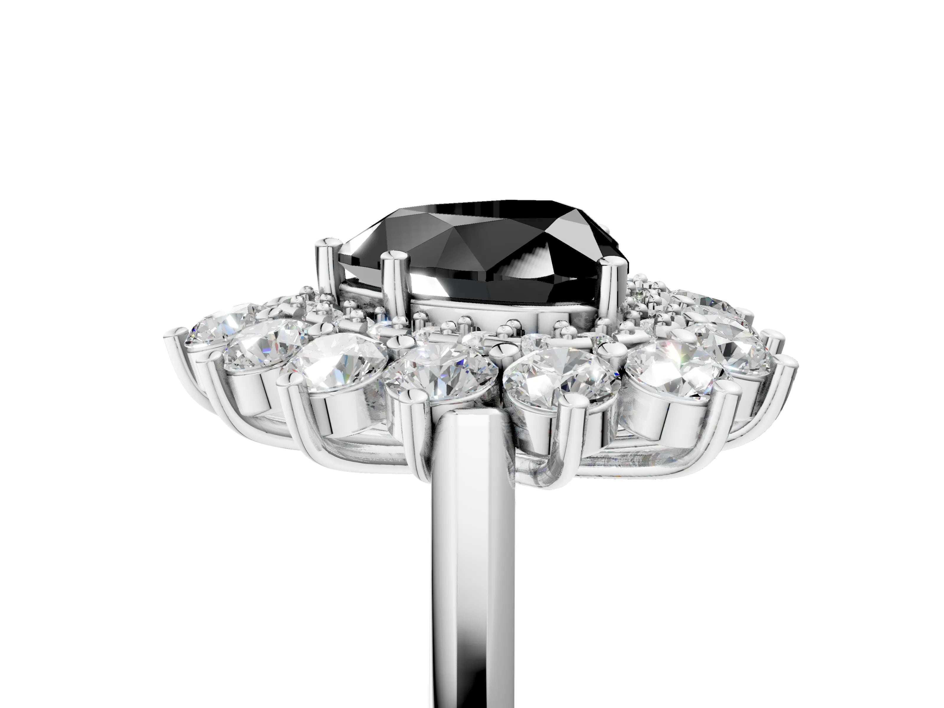 White gold Fancy Black Heart Cut Halo Cluster Diamond Ring with Pave Band and Four-Prong Setting_5