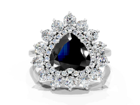White gold Fancy Black Heart Cut Halo Cluster Diamond Ring with Pave Band and Four-Prong Setting