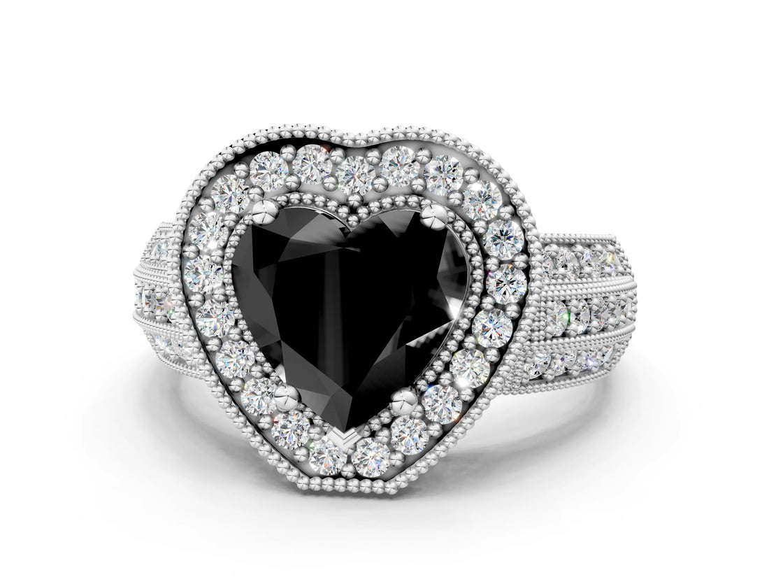 White gold Fancy Black Heart Cut Halo Diamond Engagement Ring with Pave Split Shank and Four-Prong Setting