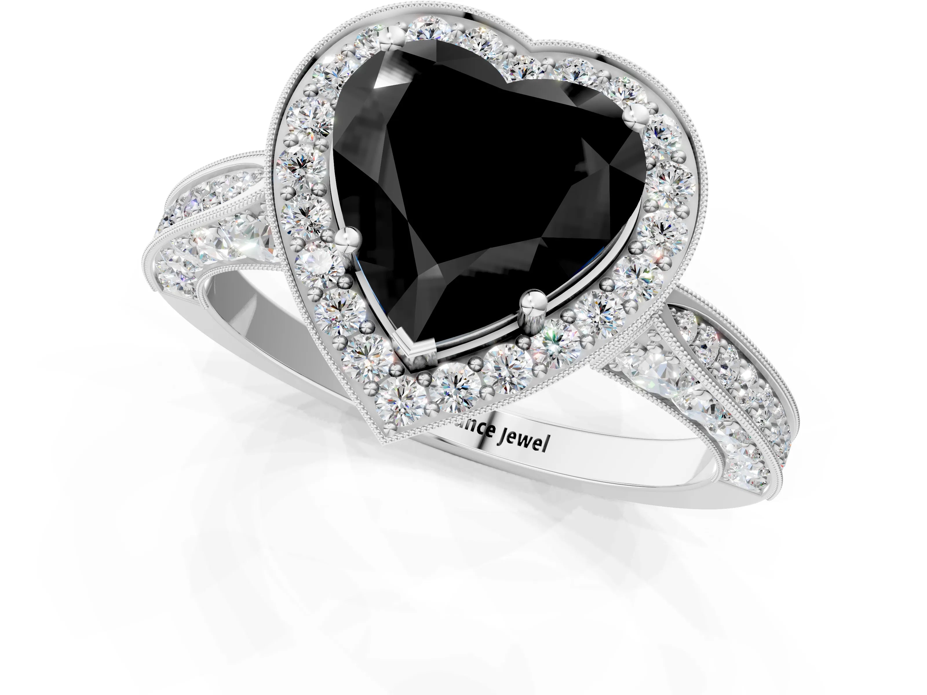 White gold Fancy Black Heart Cut Halo Diamond Engagement Ring with Split Shank Band and Four-Prong Setting_1
