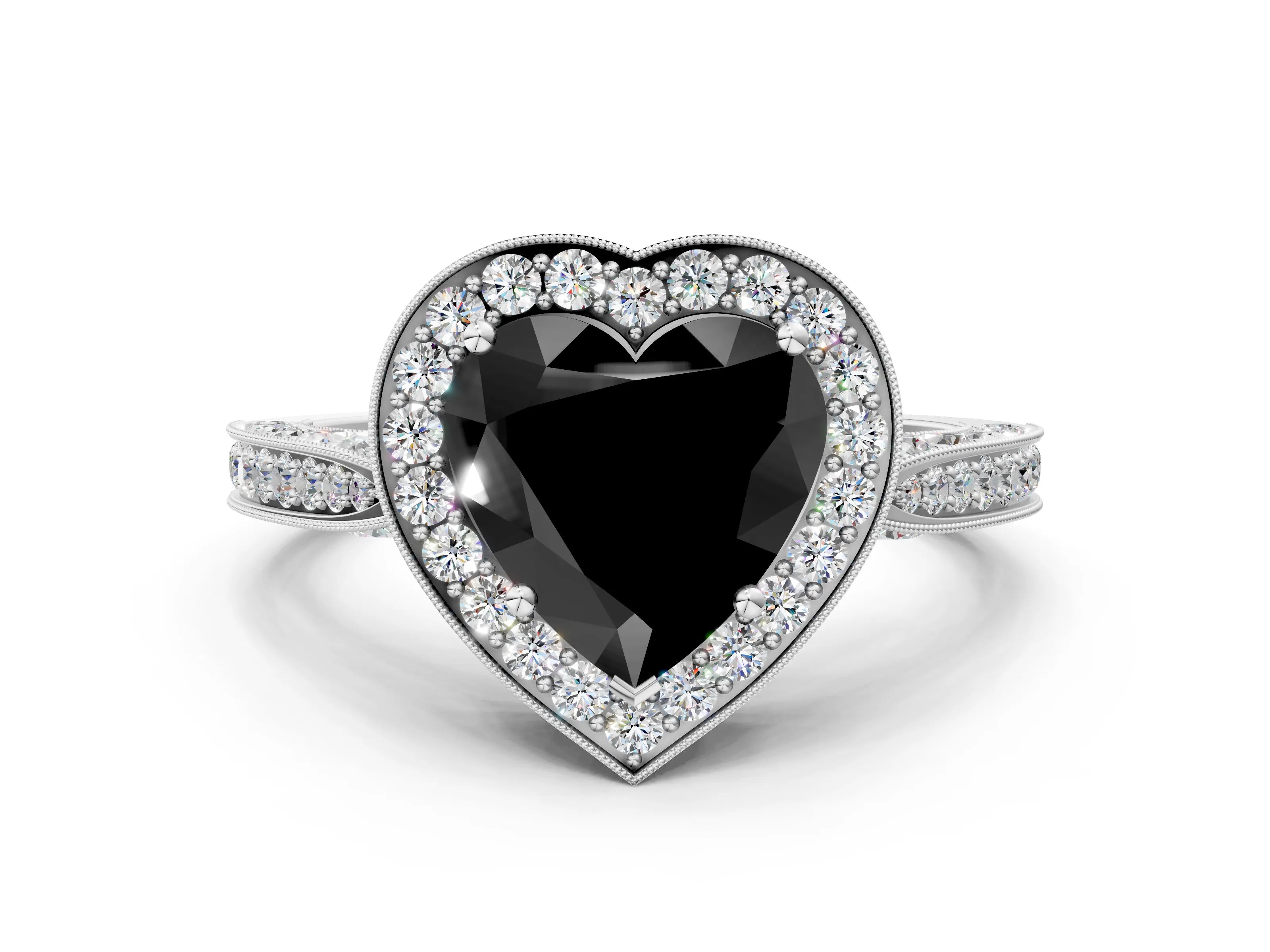 White gold Fancy Black Heart Cut Halo Diamond Engagement Ring with Split Shank Band and Four-Prong Setting_12