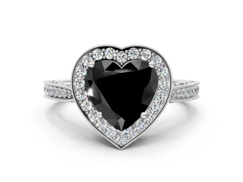 White gold Fancy Black Heart Cut Halo Diamond Engagement Ring with Split Shank Band and Four-Prong Setting_12