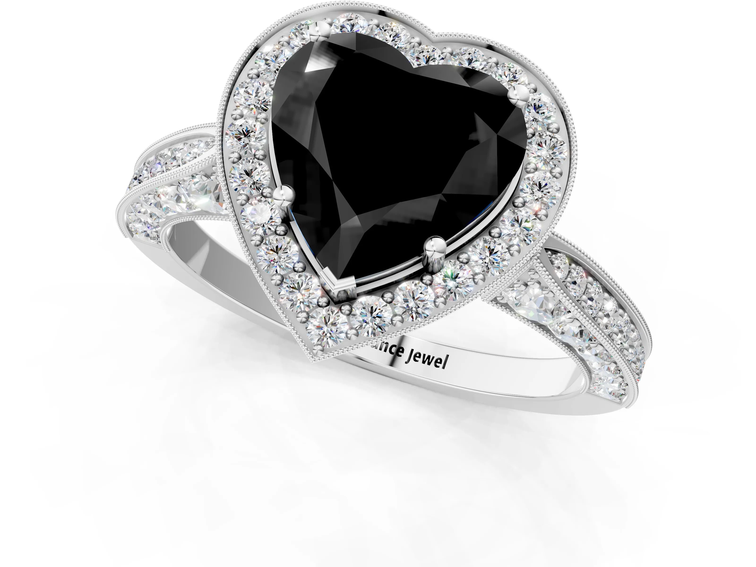 White gold Fancy Black Heart Cut Halo Diamond Engagement Ring with Split Shank Band and Four-Prong Setting_13