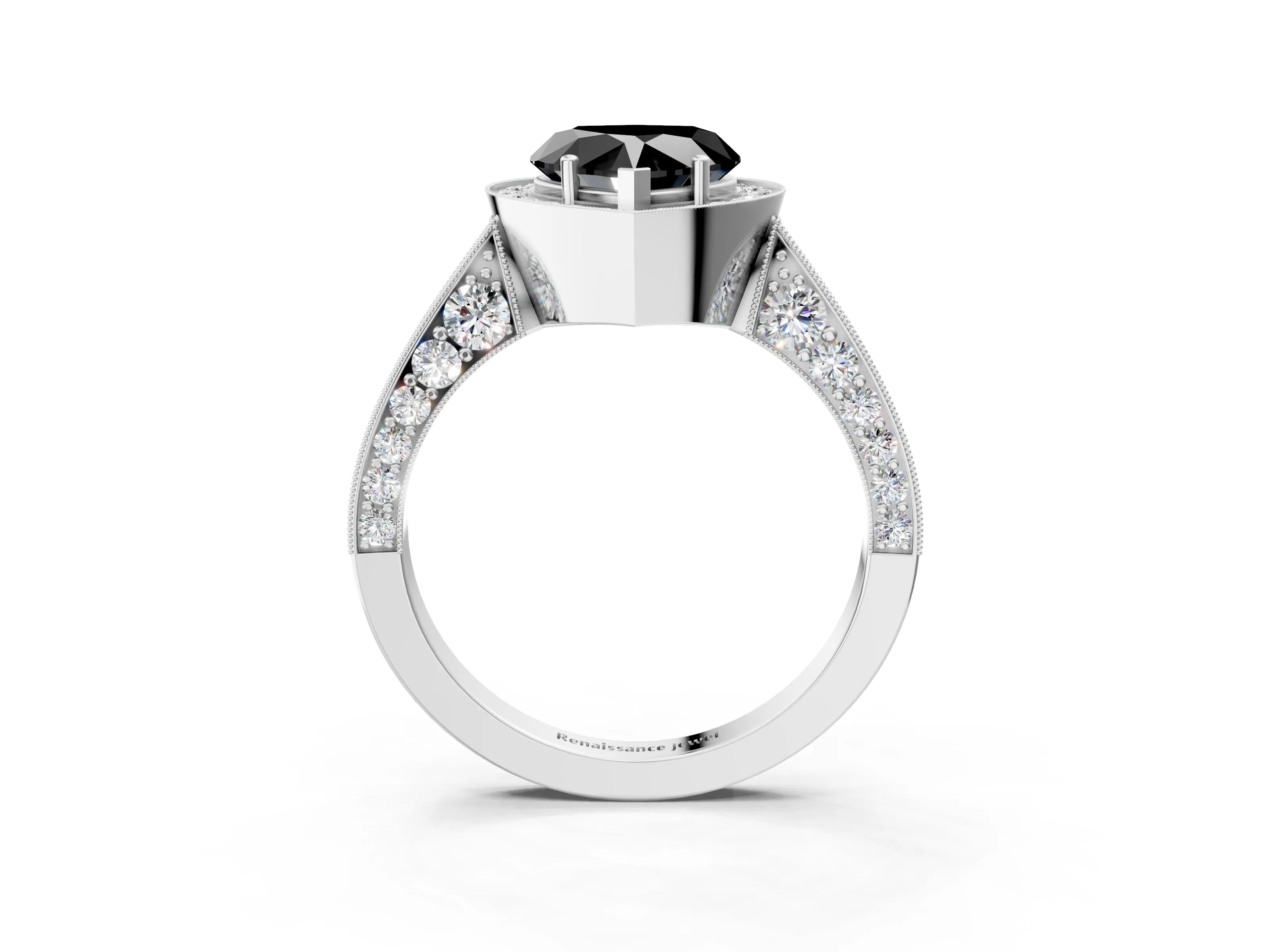 White gold Fancy Black Heart Cut Halo Diamond Engagement Ring with Split Shank Band and Four-Prong Setting_15