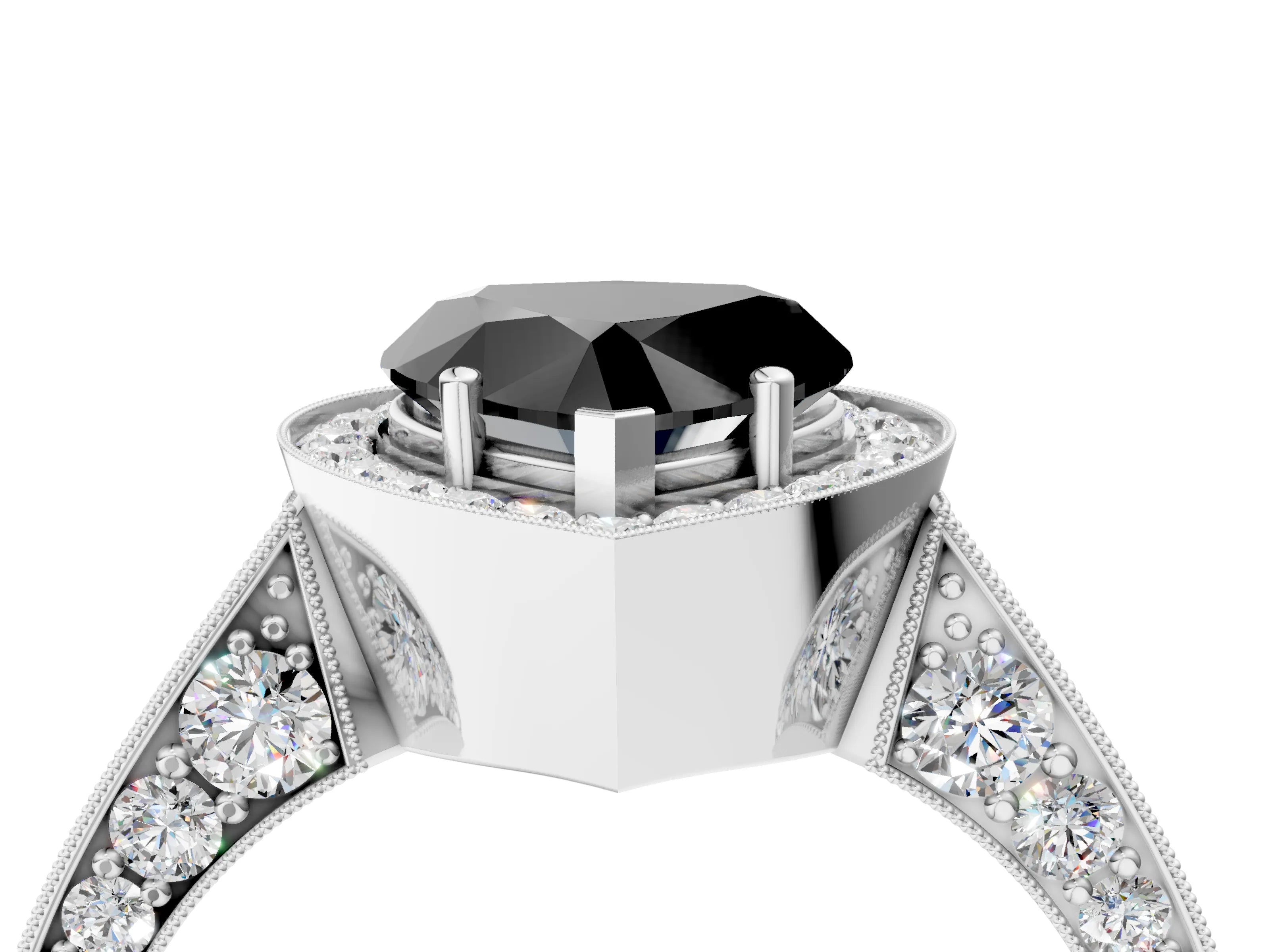 White gold Fancy Black Heart Cut Halo Diamond Engagement Ring with Split Shank Band and Four-Prong Setting_16