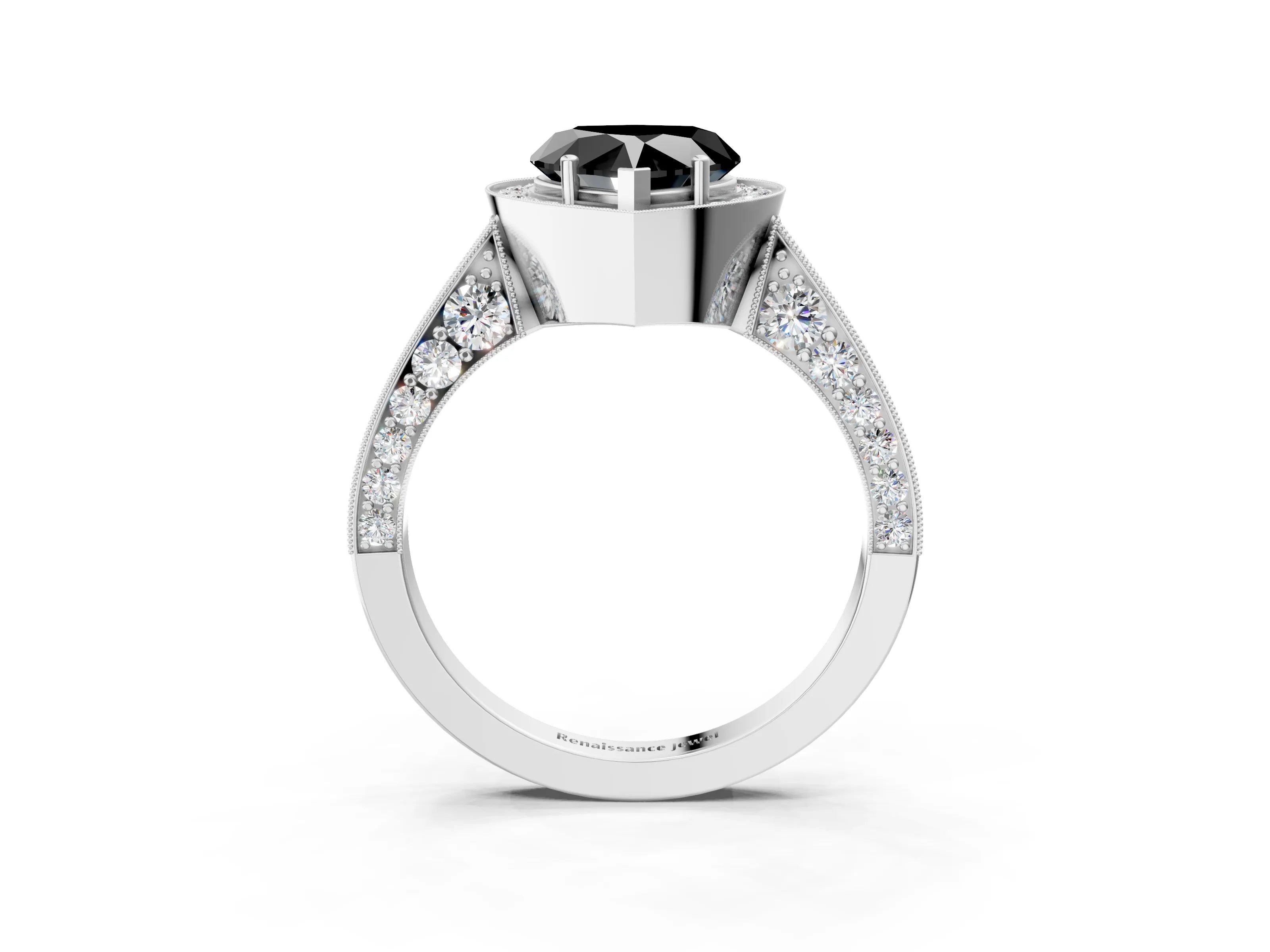 White gold Fancy Black Heart Cut Halo Diamond Engagement Ring with Split Shank Band and Four-Prong Setting_3