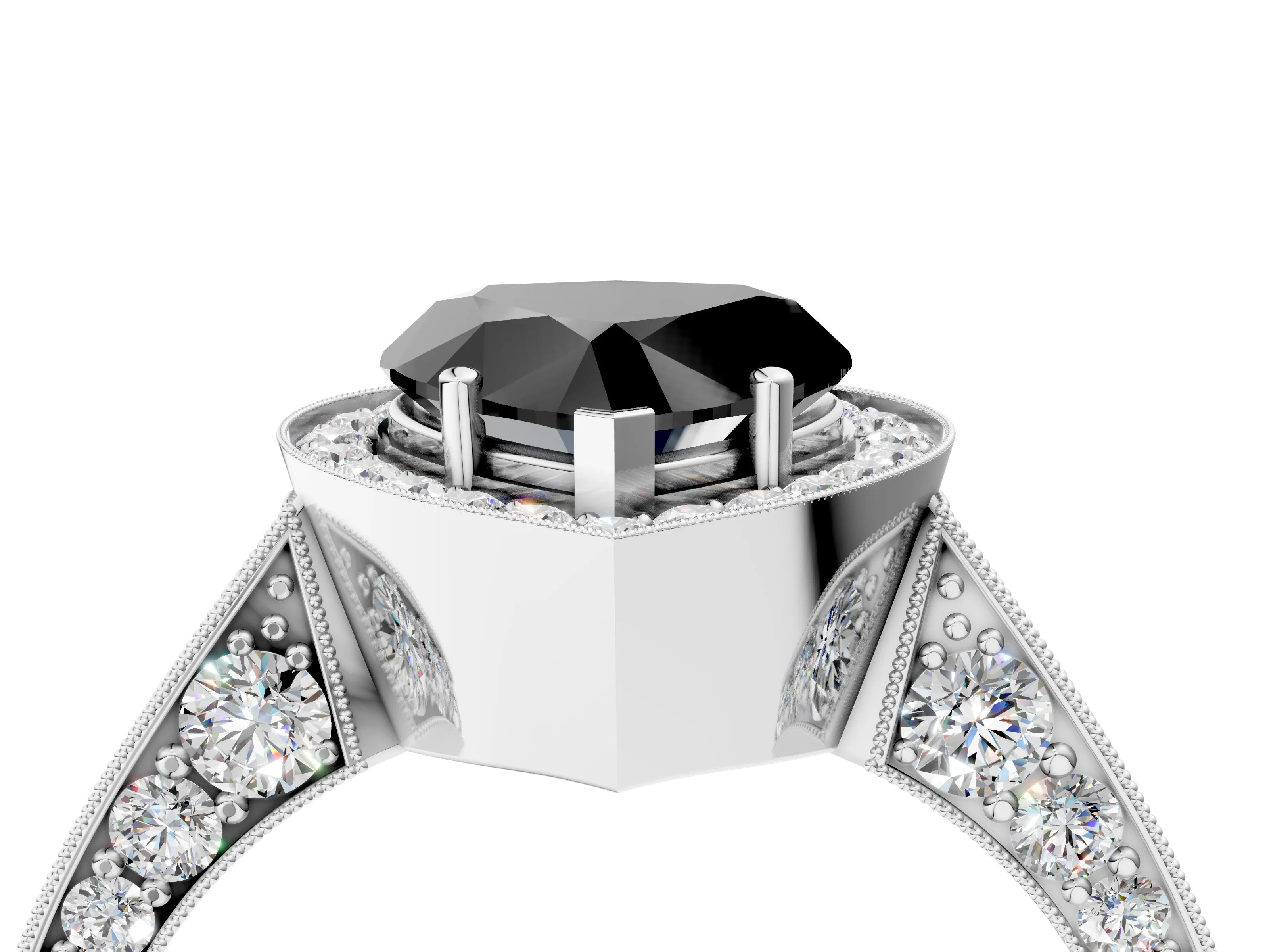 White gold Fancy Black Heart Cut Halo Diamond Engagement Ring with Split Shank Band and Four-Prong Setting_4