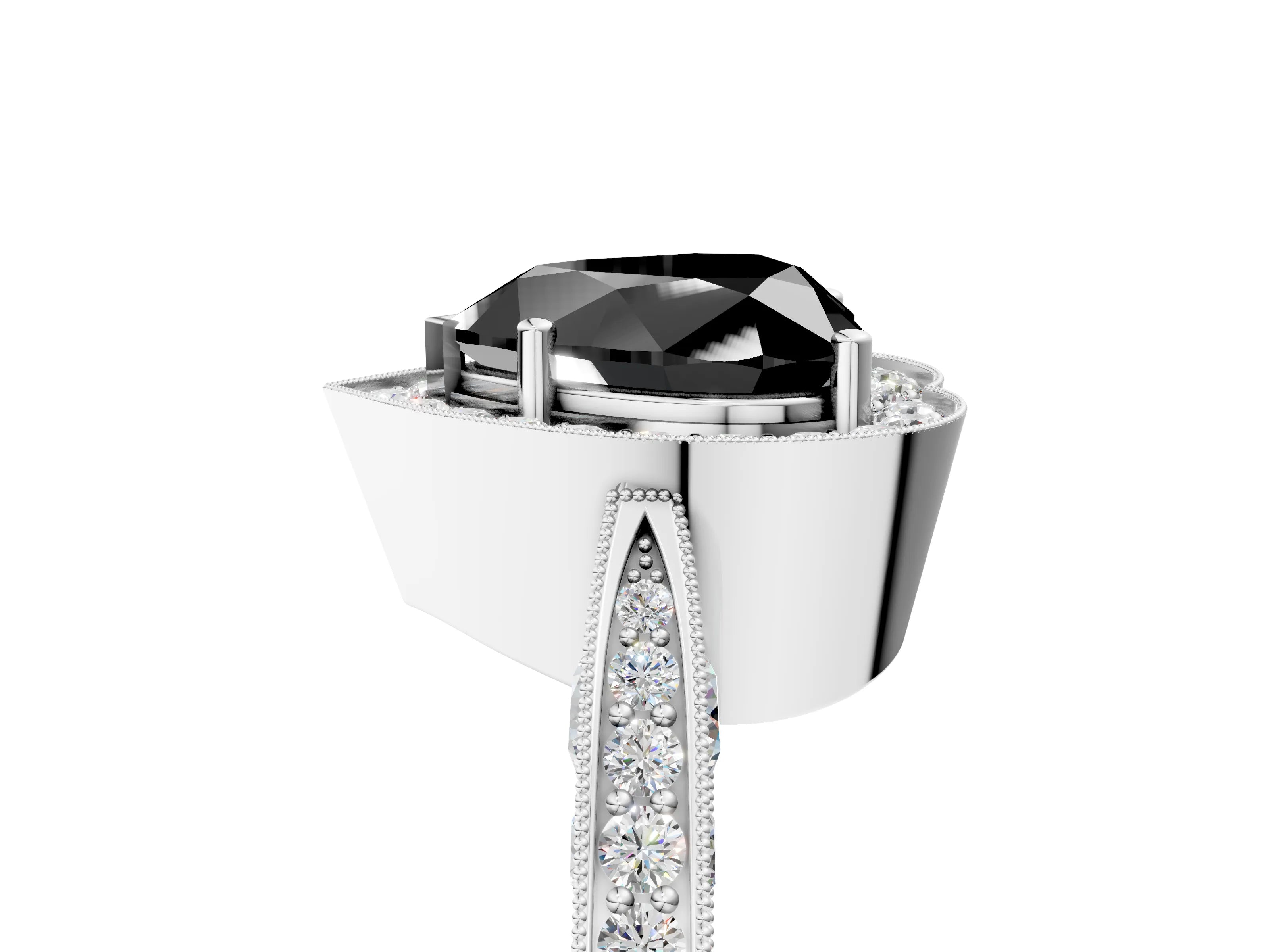 White gold Fancy Black Heart Cut Halo Diamond Engagement Ring with Split Shank Band and Four-Prong Setting_5