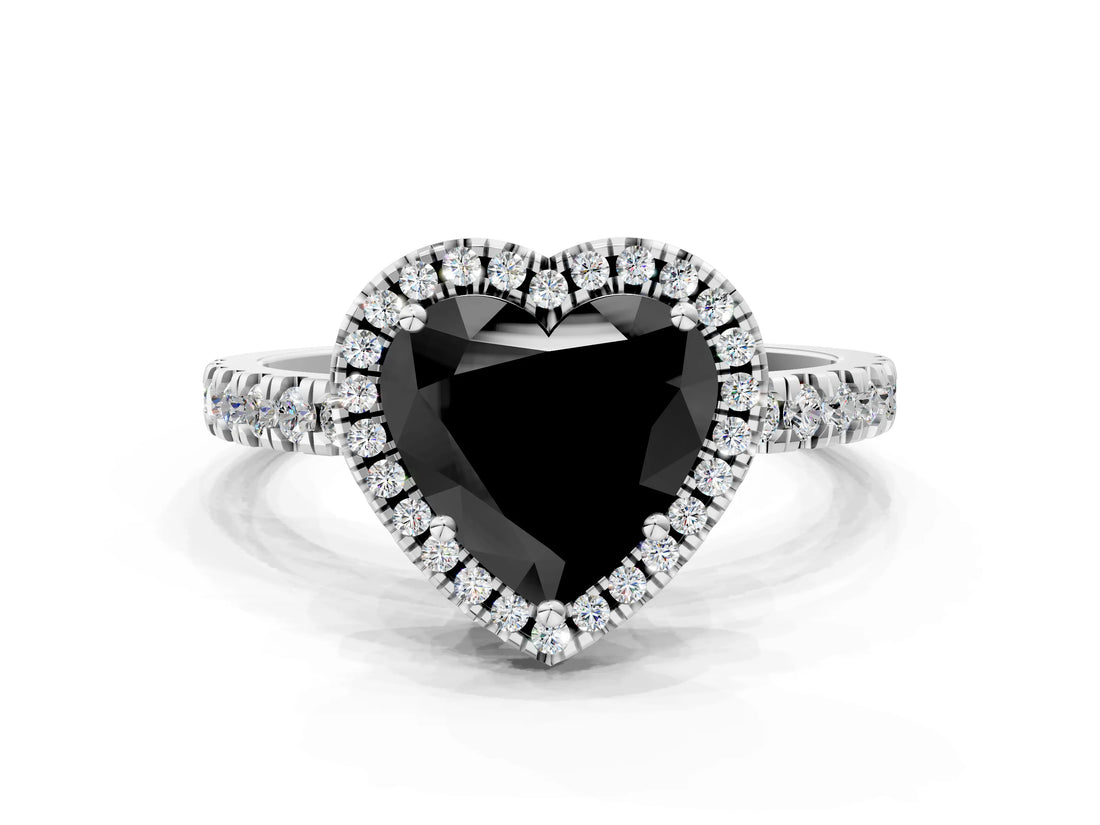 White gold Fancy Black Heart Cut Halo Diamond Pave Band with Prong Setting