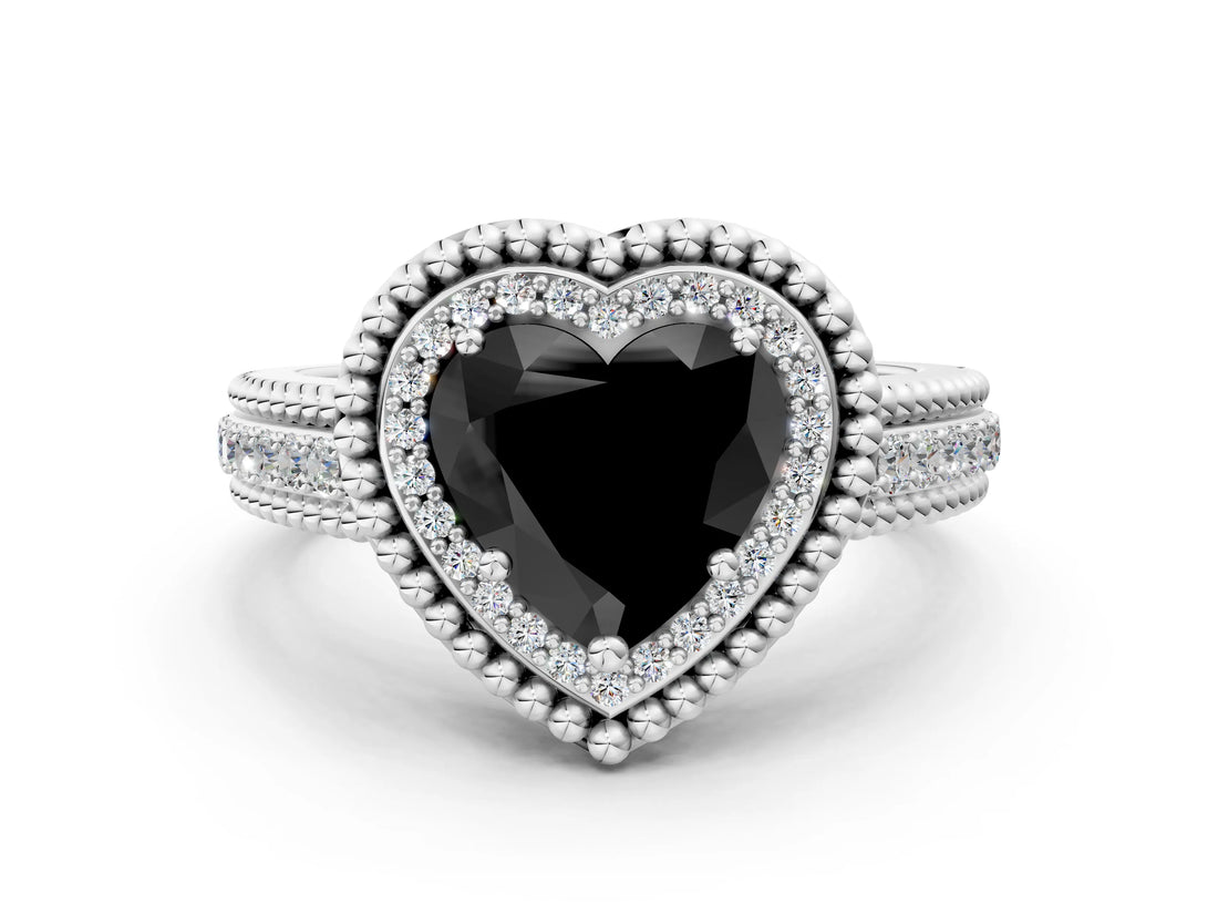 White gold Fancy Black Heart Cut Halo Diamond Ring with Beaded Split Shank and Four-Prong Setting