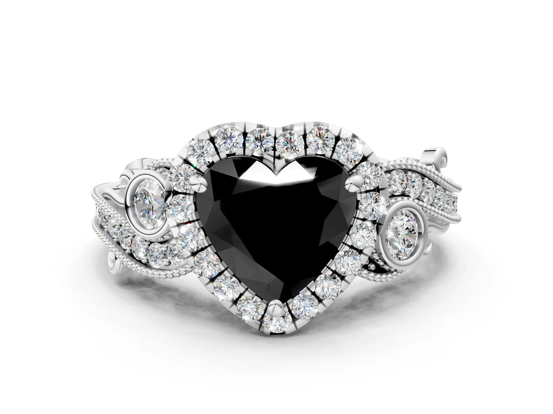White gold Fancy Black Heart Cut Halo Diamond Ring with Milgrain and Bezel Accents on a Split Shank Band