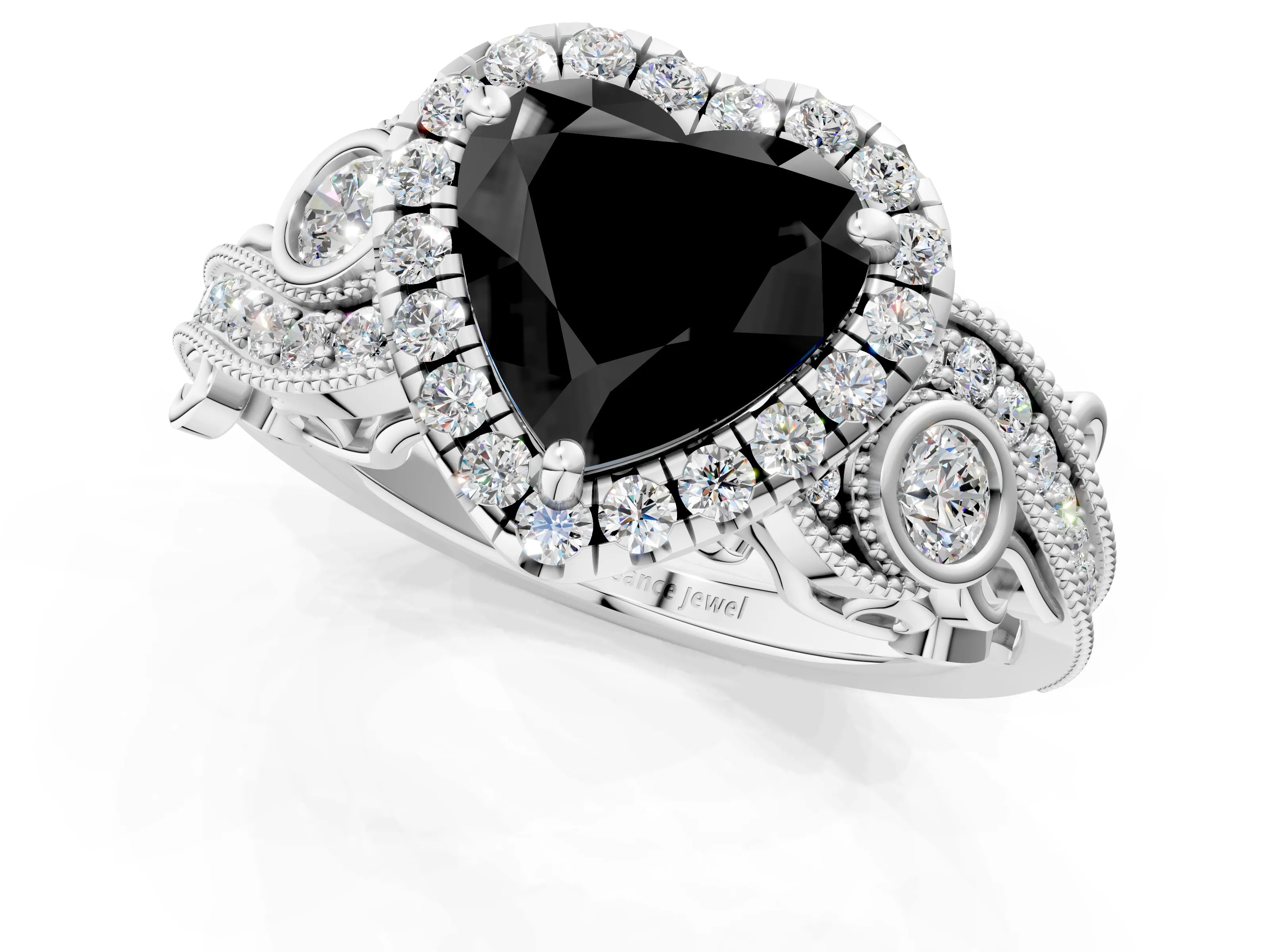 White gold Fancy Black Heart Cut Halo Diamond Ring with Milgrain and Bezel Accents on a Split Shank Band_1