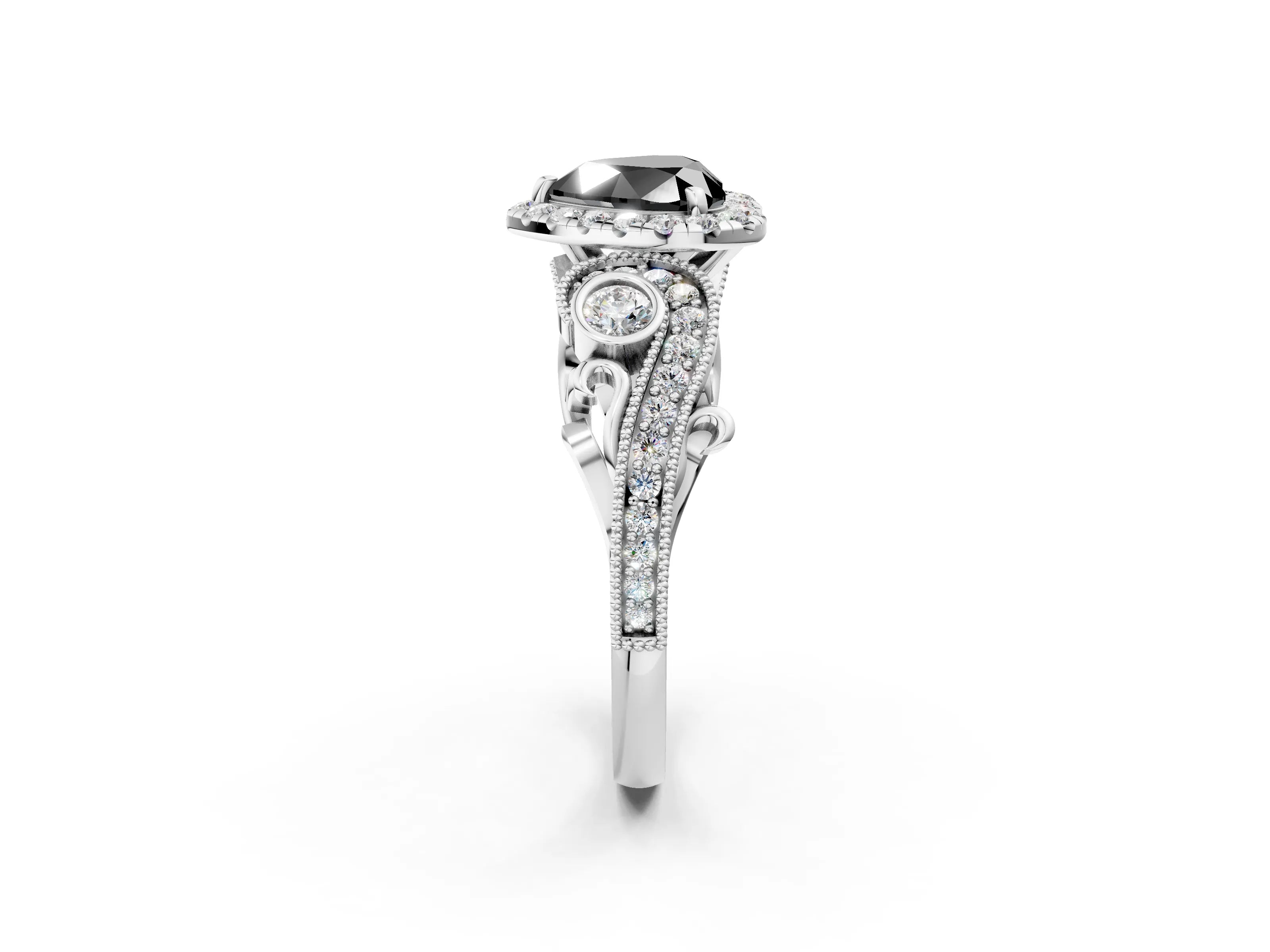 White gold Fancy Black Heart Cut Halo Diamond Ring with Milgrain and Bezel Accents on a Split Shank Band_2