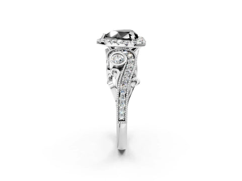 White gold Fancy Black Heart Cut Halo Diamond Ring with Milgrain and Bezel Accents on a Split Shank Band_2