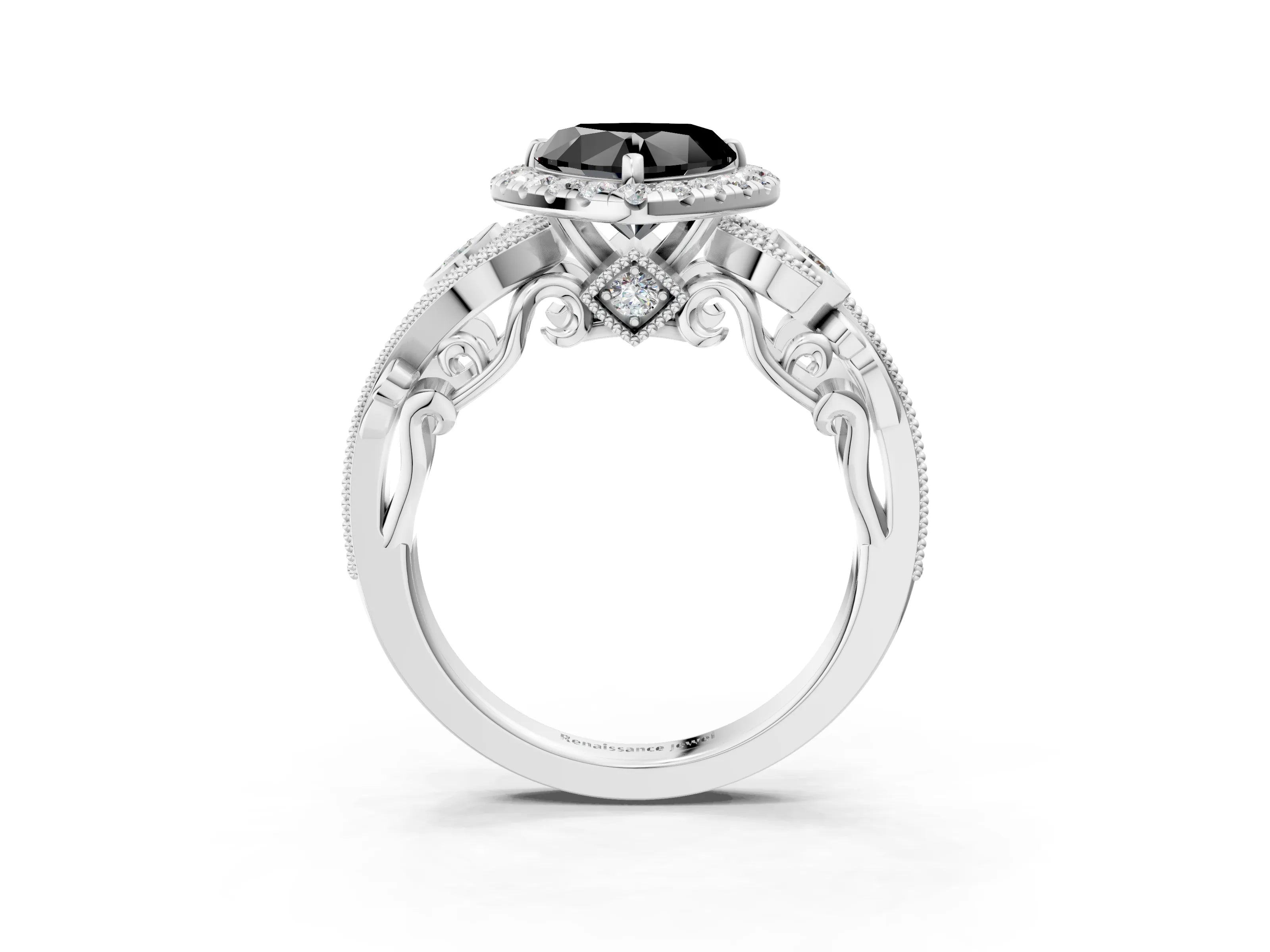 White gold Fancy Black Heart Cut Halo Diamond Ring with Milgrain and Bezel Accents on a Split Shank Band_3