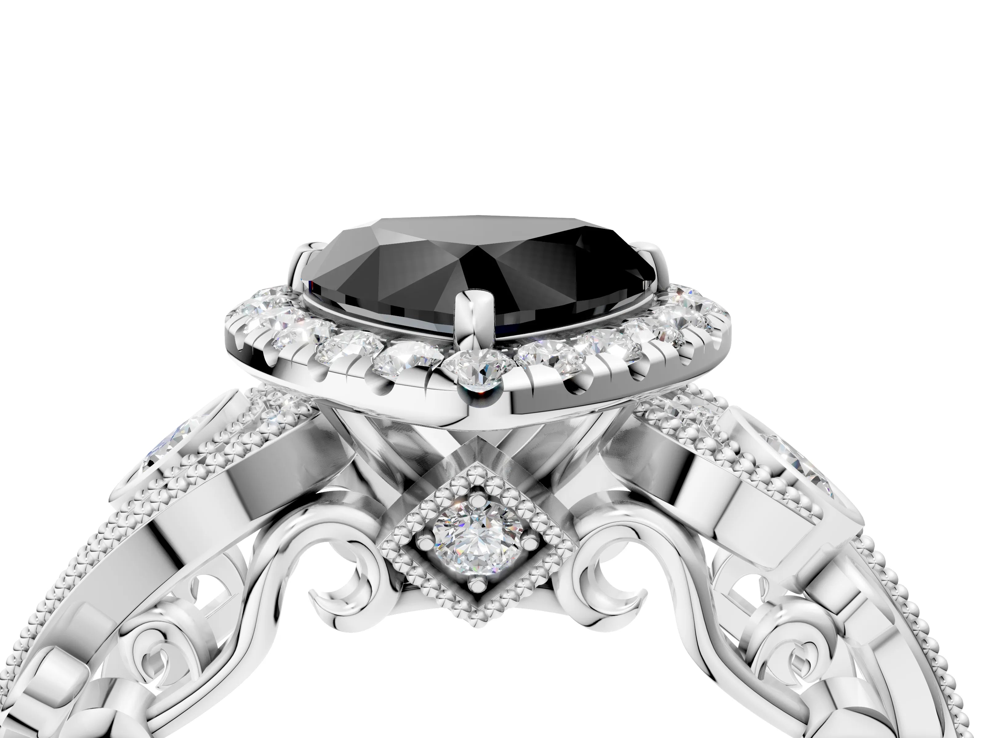 White gold Fancy Black Heart Cut Halo Diamond Ring with Milgrain and Bezel Accents on a Split Shank Band_4