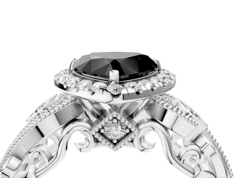 White gold Fancy Black Heart Cut Halo Diamond Ring with Milgrain and Bezel Accents on a Split Shank Band_4