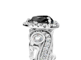 White gold Fancy Black Heart Cut Halo Diamond Ring with Milgrain and Bezel Accents on a Split Shank Band_5