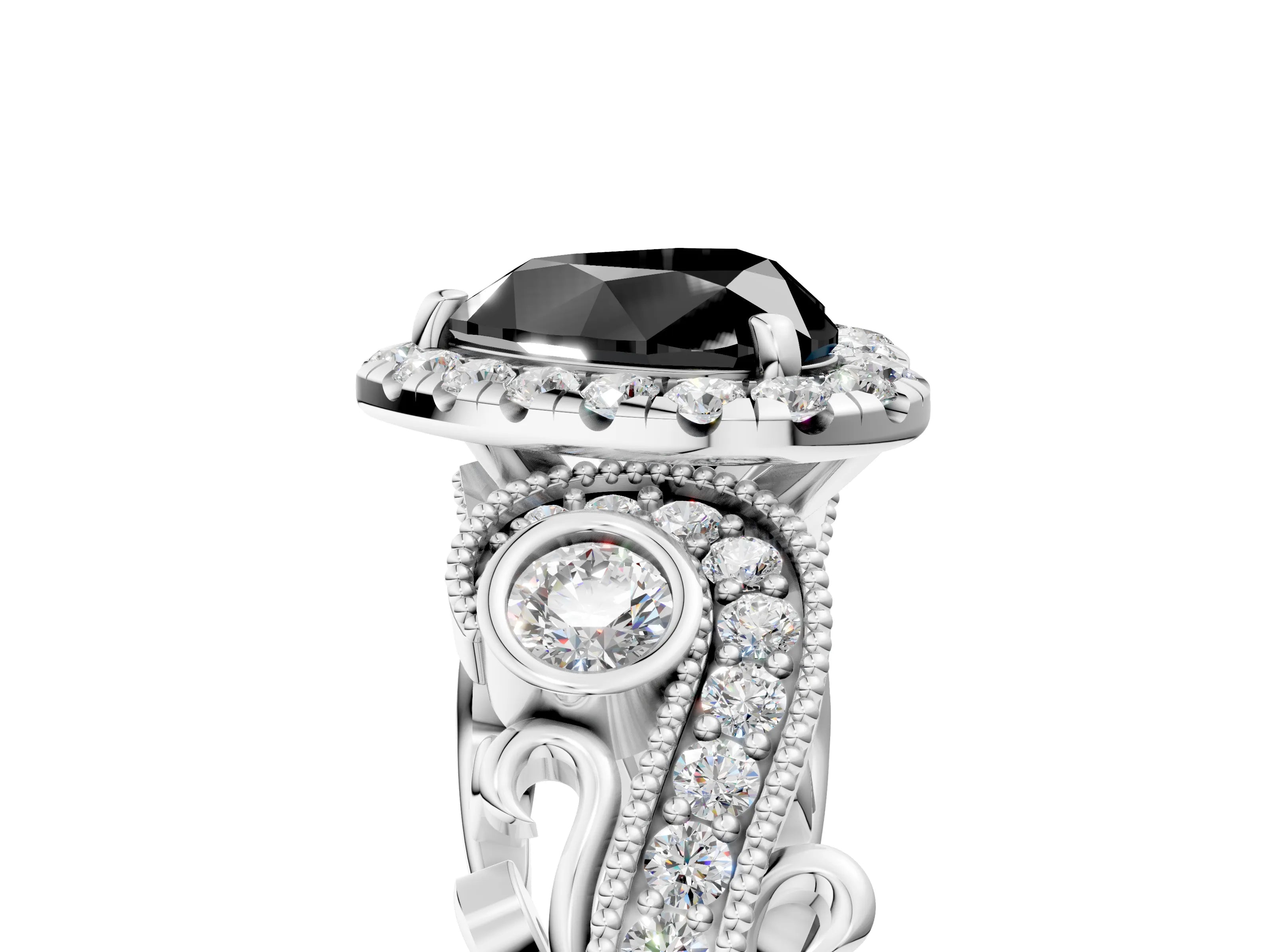 White gold Fancy Black Heart Cut Halo Diamond Ring with Milgrain and Bezel Accents on a Split Shank Band_5