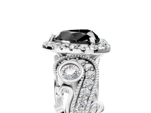 White gold Fancy Black Heart Cut Halo Diamond Ring with Milgrain and Bezel Accents on a Split Shank Band_5