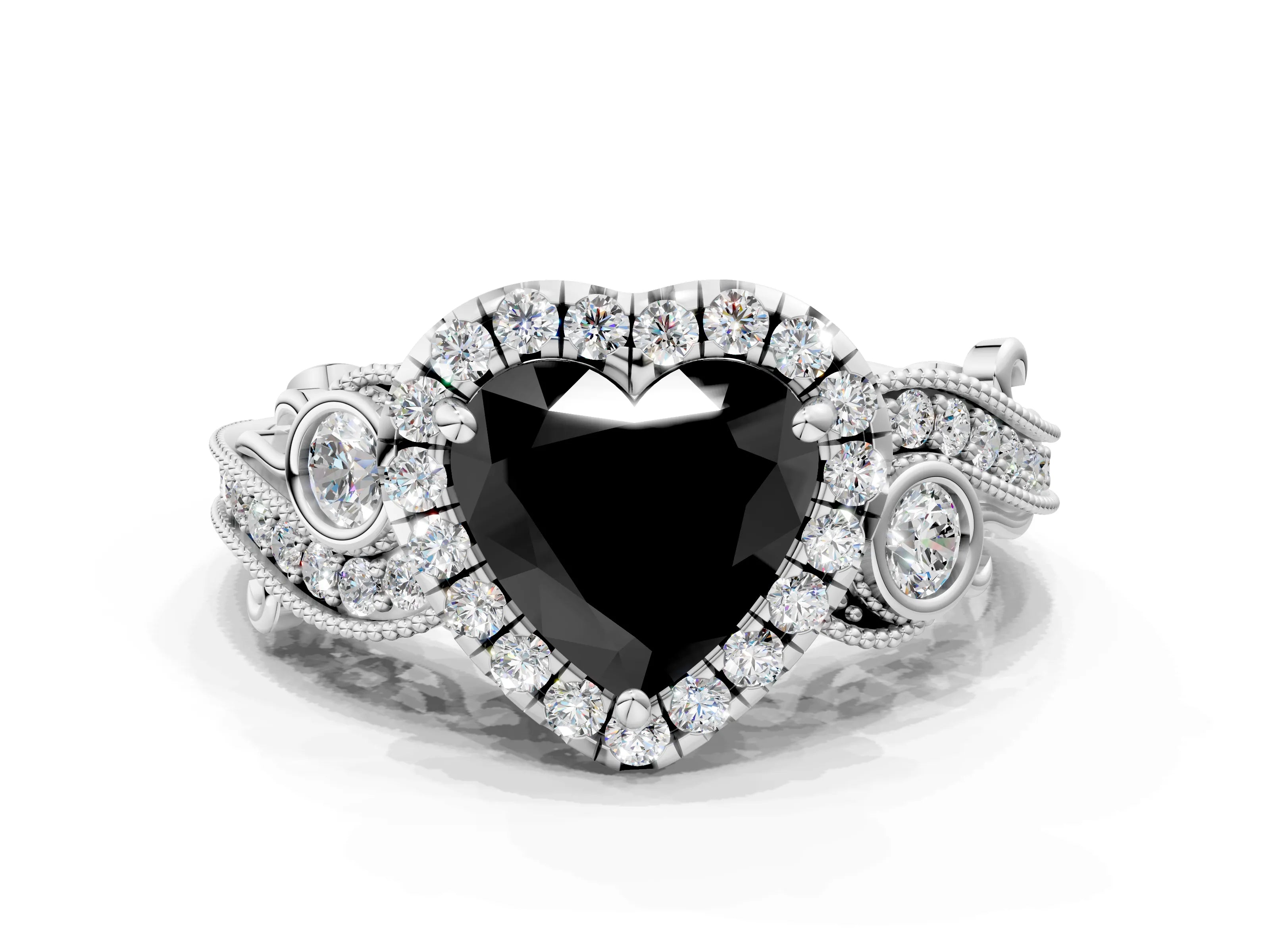 White gold Fancy Black Heart Cut Halo Diamond Ring with Milgrain and Bezel Accents on a Split Shank Band