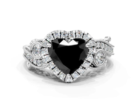 White gold Fancy Black Heart Cut Halo Diamond Ring with Milgrain and Bezel Accents on a Split Shank Band