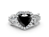 White gold Fancy Black Heart Cut Halo Diamond Ring with Milgrain and Bezel Accents on a Split Shank Band