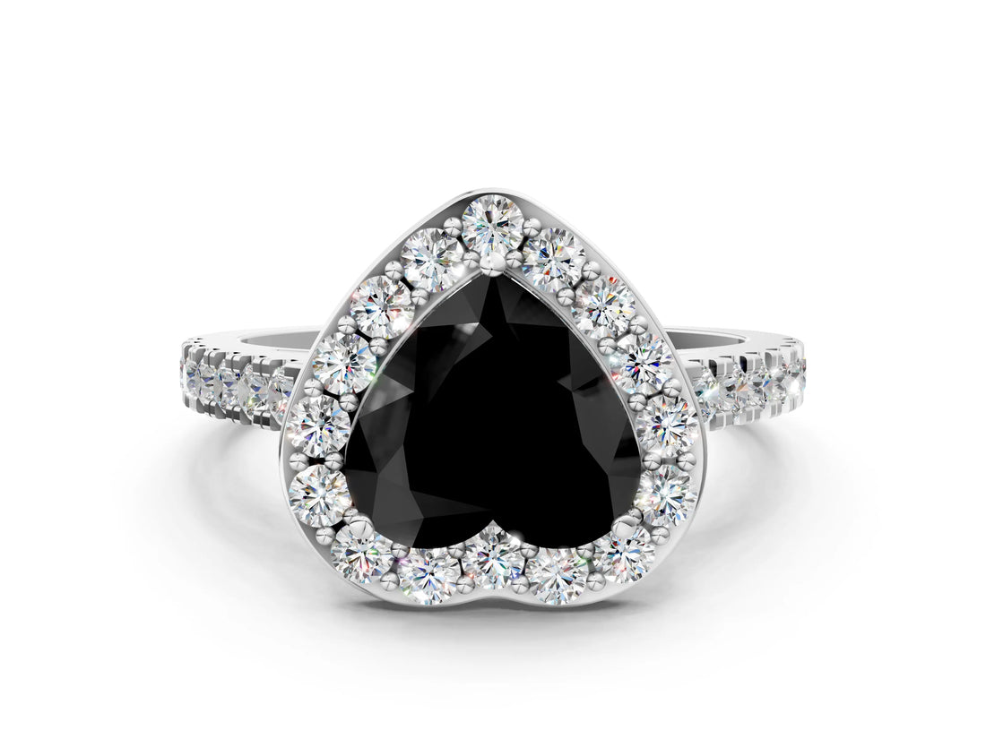 White gold Fancy Black Heart Cut Halo Diamond Ring with Pavé Band and Three-Prong Setting_12