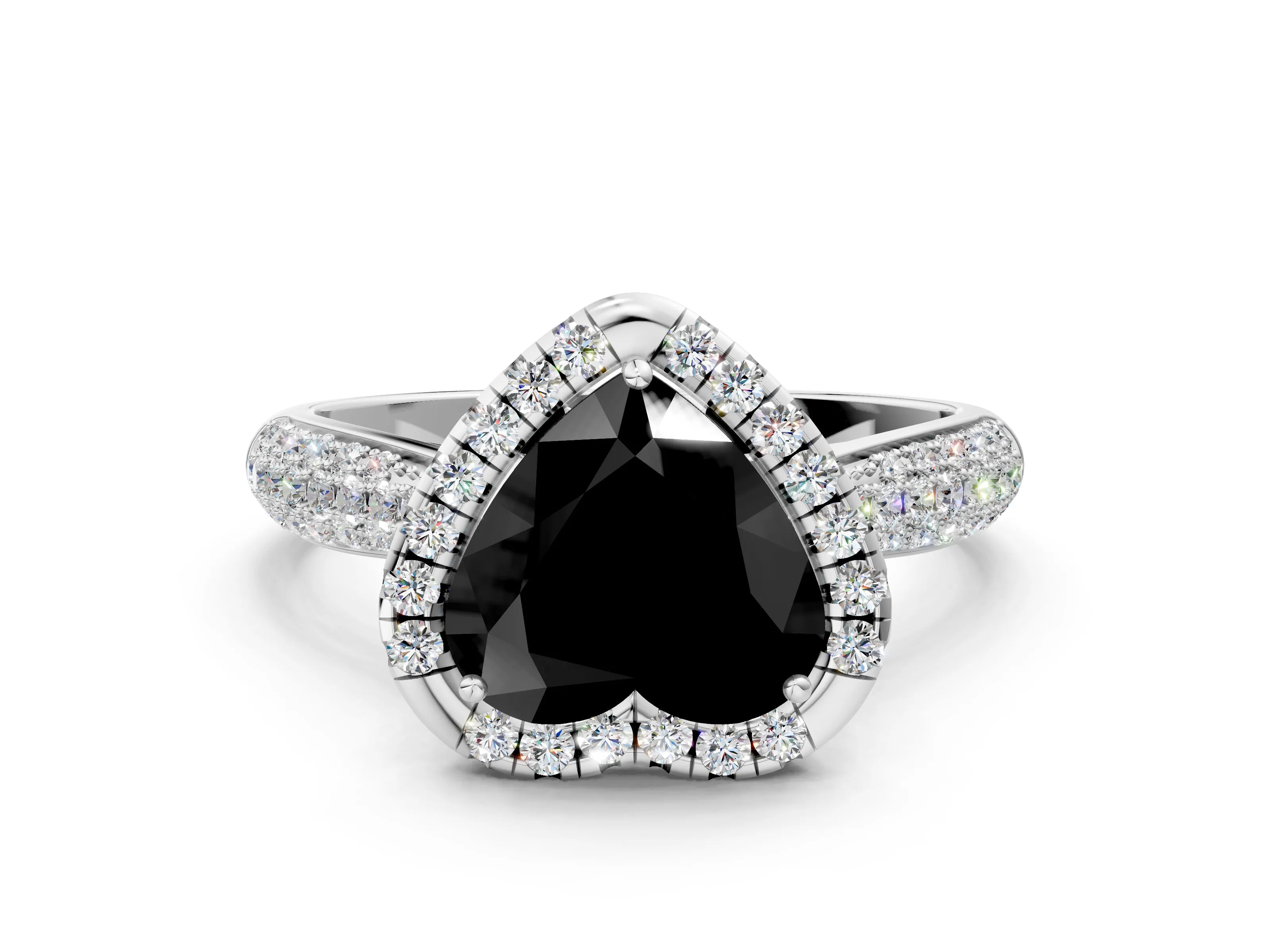White gold Fancy Black Heart Cut Halo Diamond Ring with Pavé Band_12