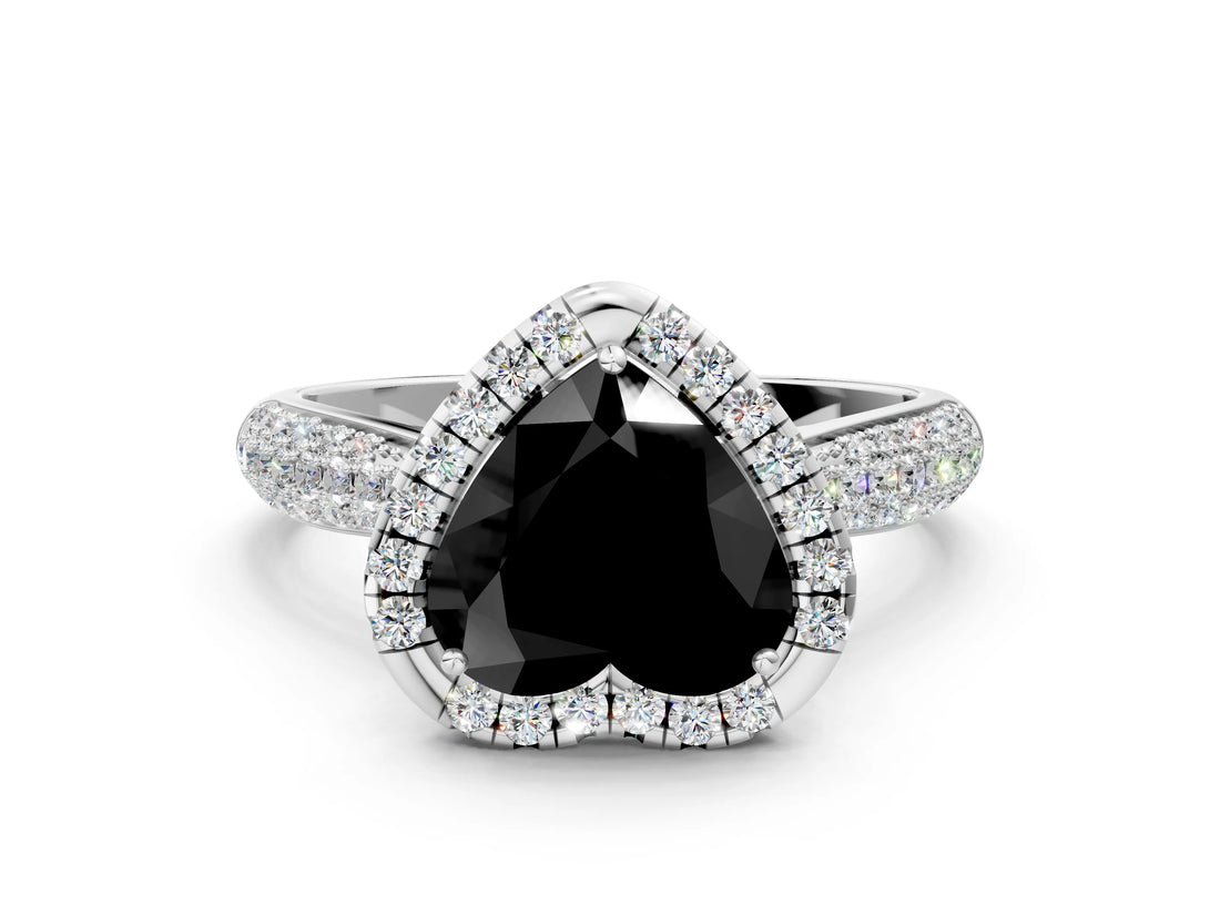 White gold Fancy Black Heart Cut Halo Diamond Ring with Pavé Band_12