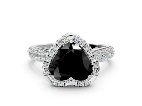 White gold Fancy Black Heart Cut Halo Diamond Ring with Pavé Band_12