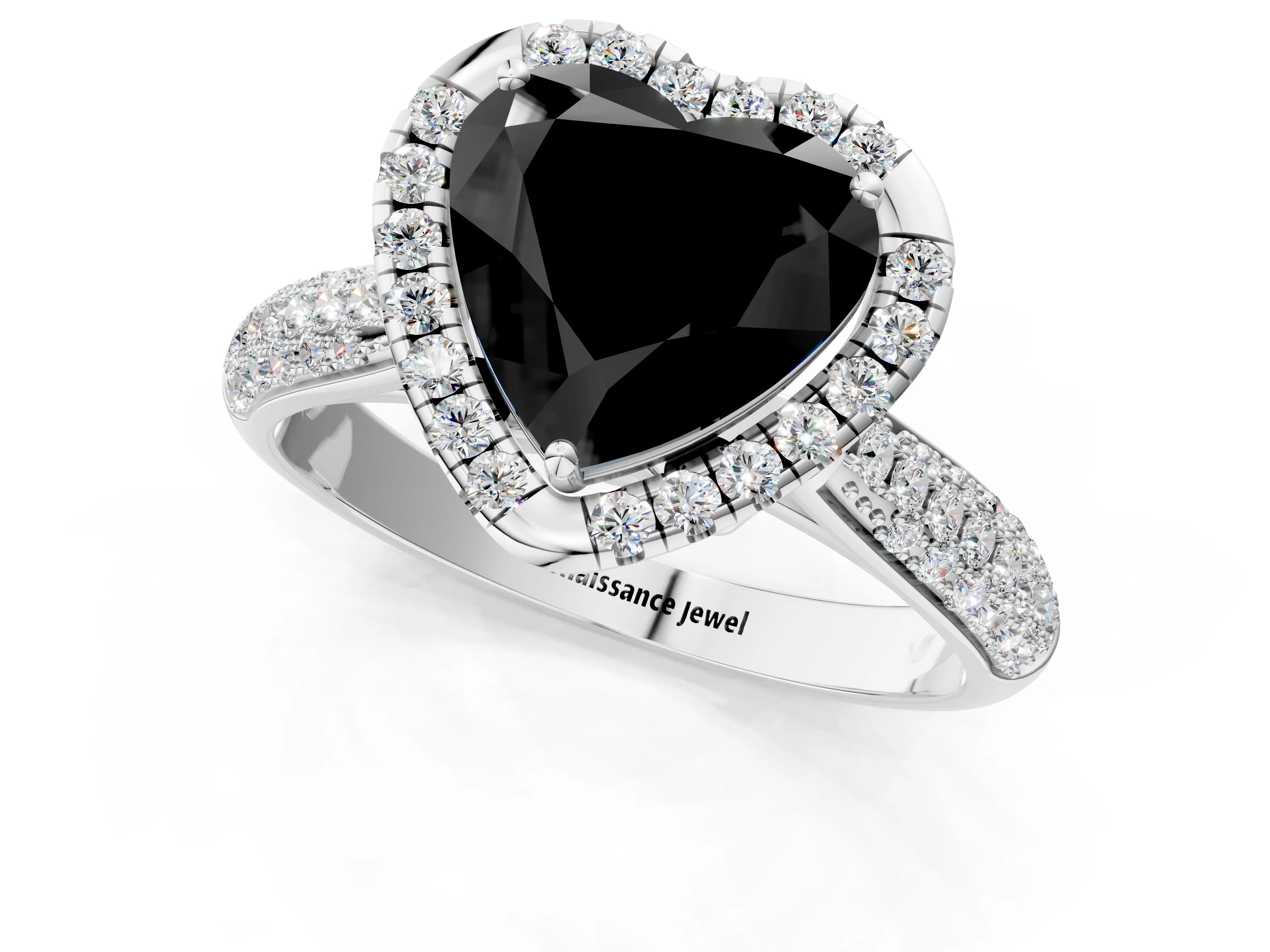 White gold Fancy Black Heart Cut Halo Diamond Ring with Pavé Band_13