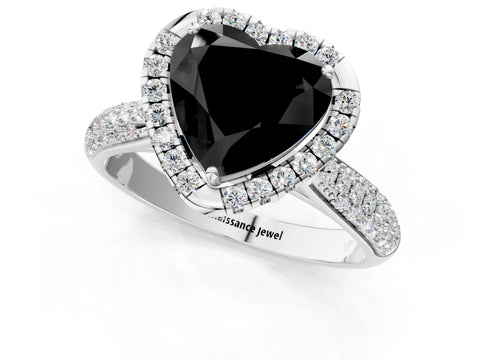 White gold Fancy Black Heart Cut Halo Diamond Ring with Pavé Band_13