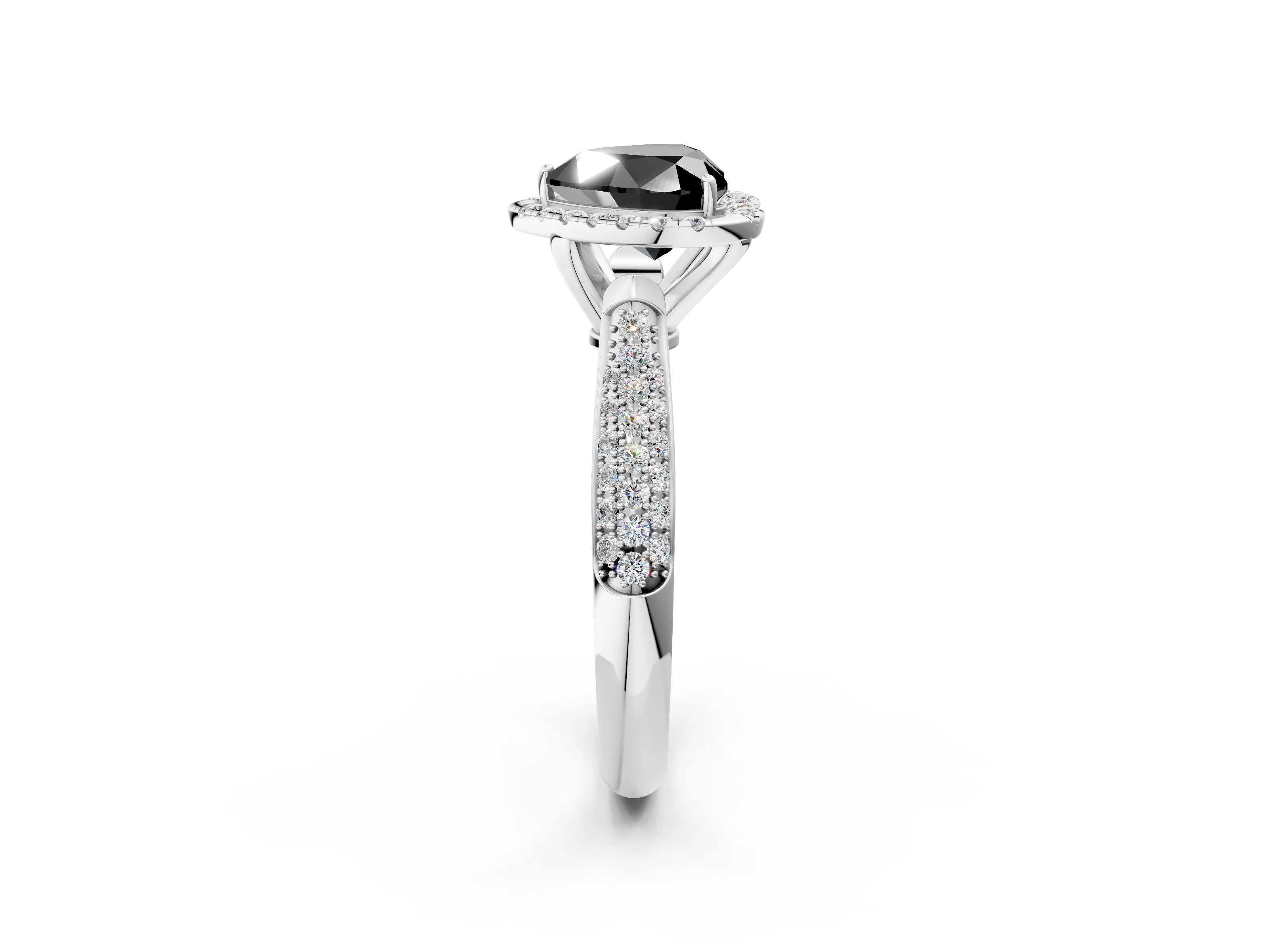 White gold Fancy Black Heart Cut Halo Diamond Ring with Pavé Band_14