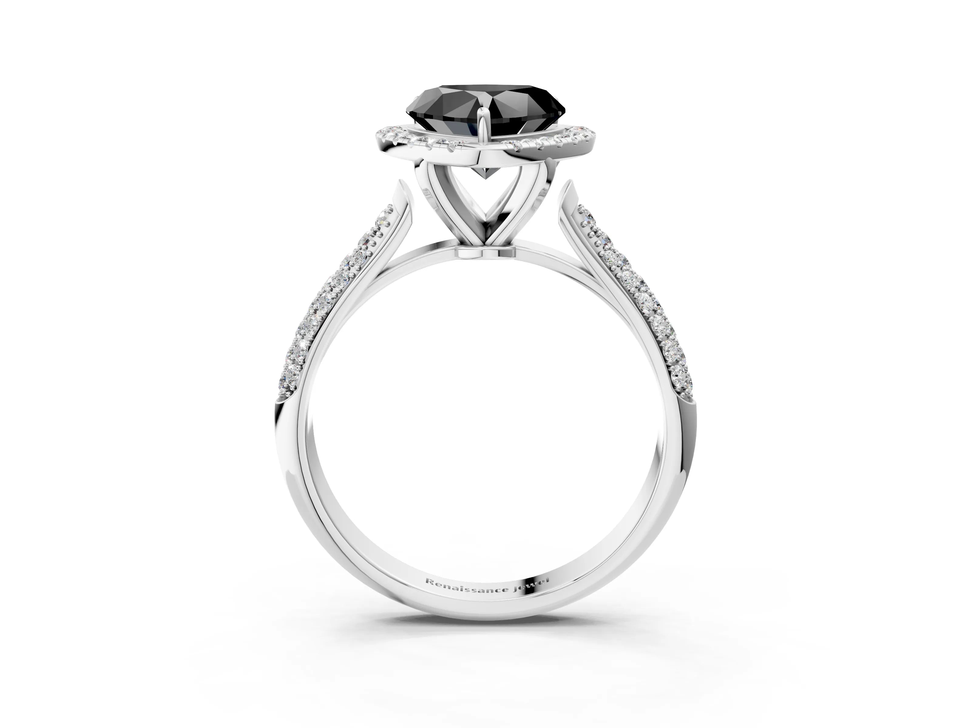 White gold Fancy Black Heart Cut Halo Diamond Ring with Pavé Band_15