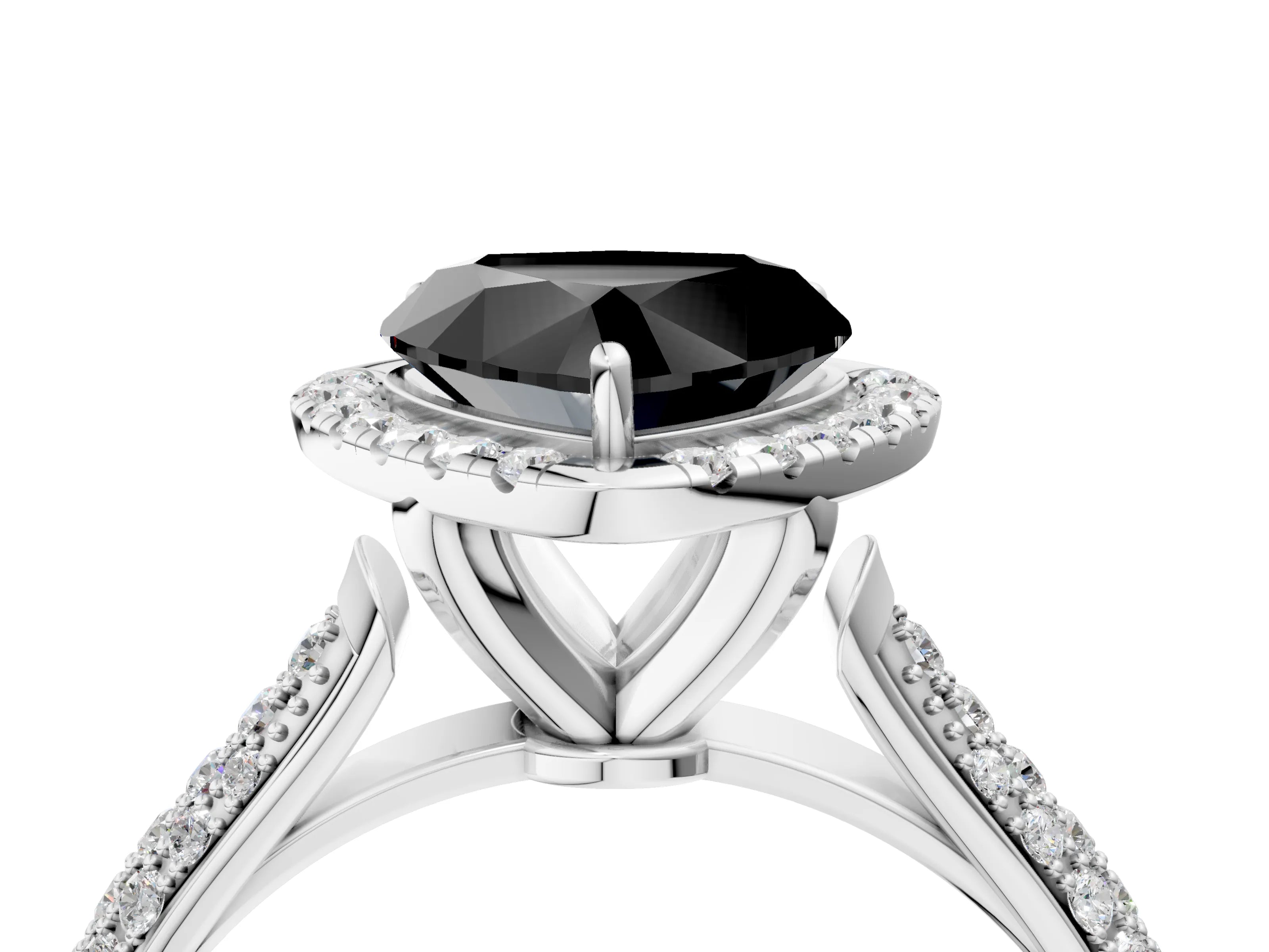 White gold Fancy Black Heart Cut Halo Diamond Ring with Pavé Band_16